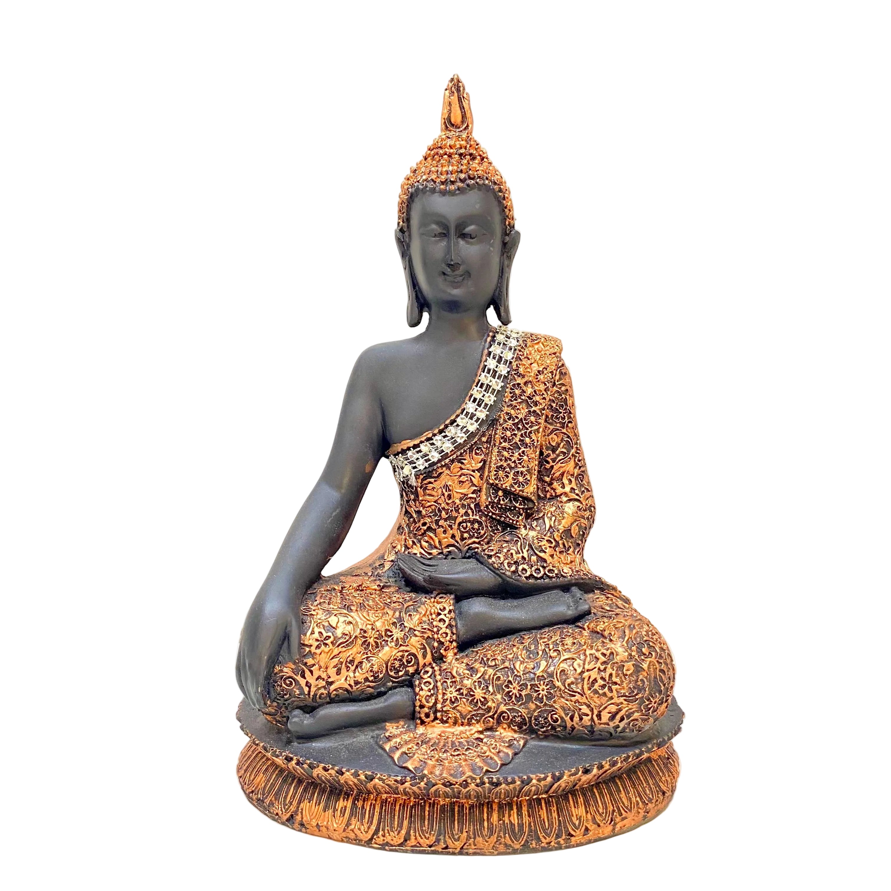 Decorative Buddha statue with intricate patterns on a plain background