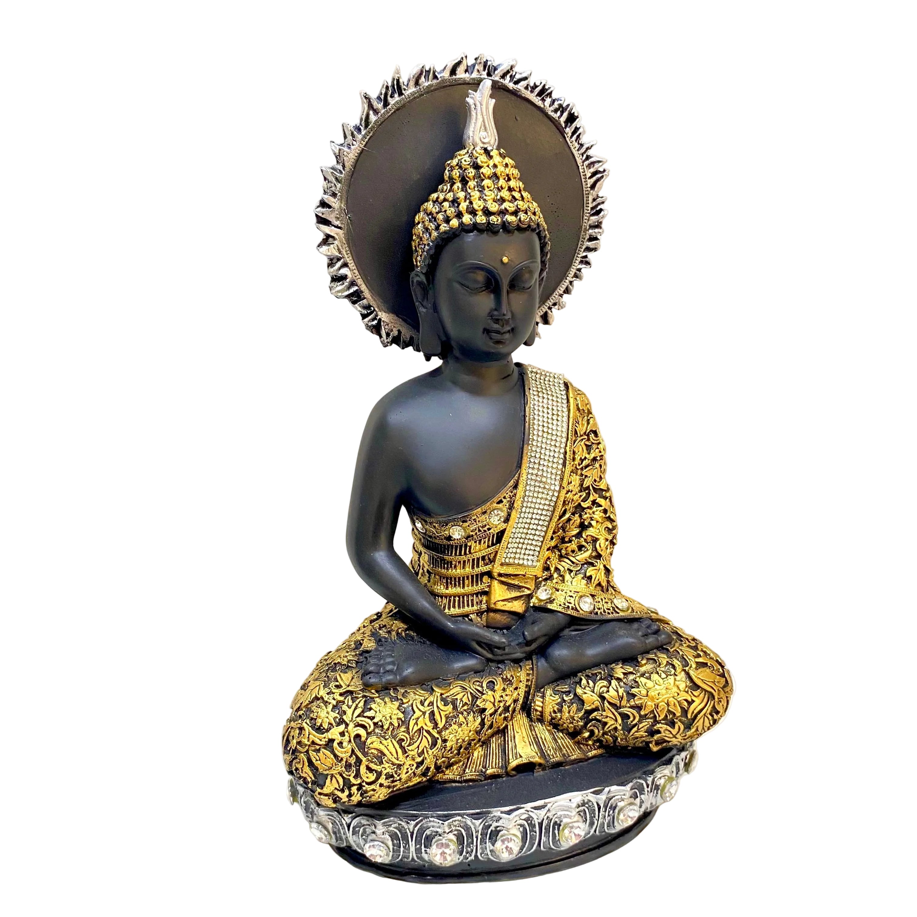 Decorative Buddha statue with gold and black details on a white surface.