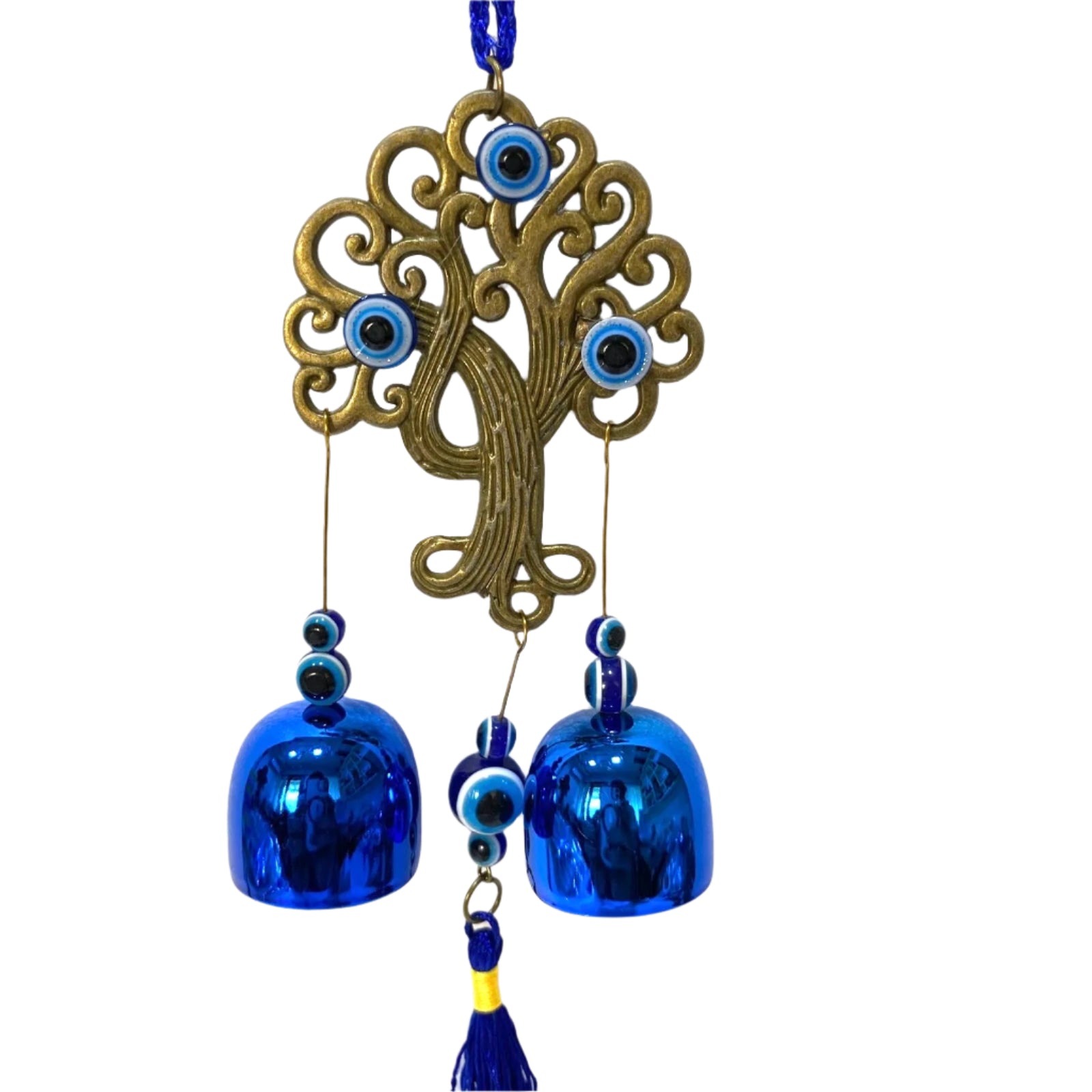 Decorative wall hanging with blue bells and eye designs on a textured white background
