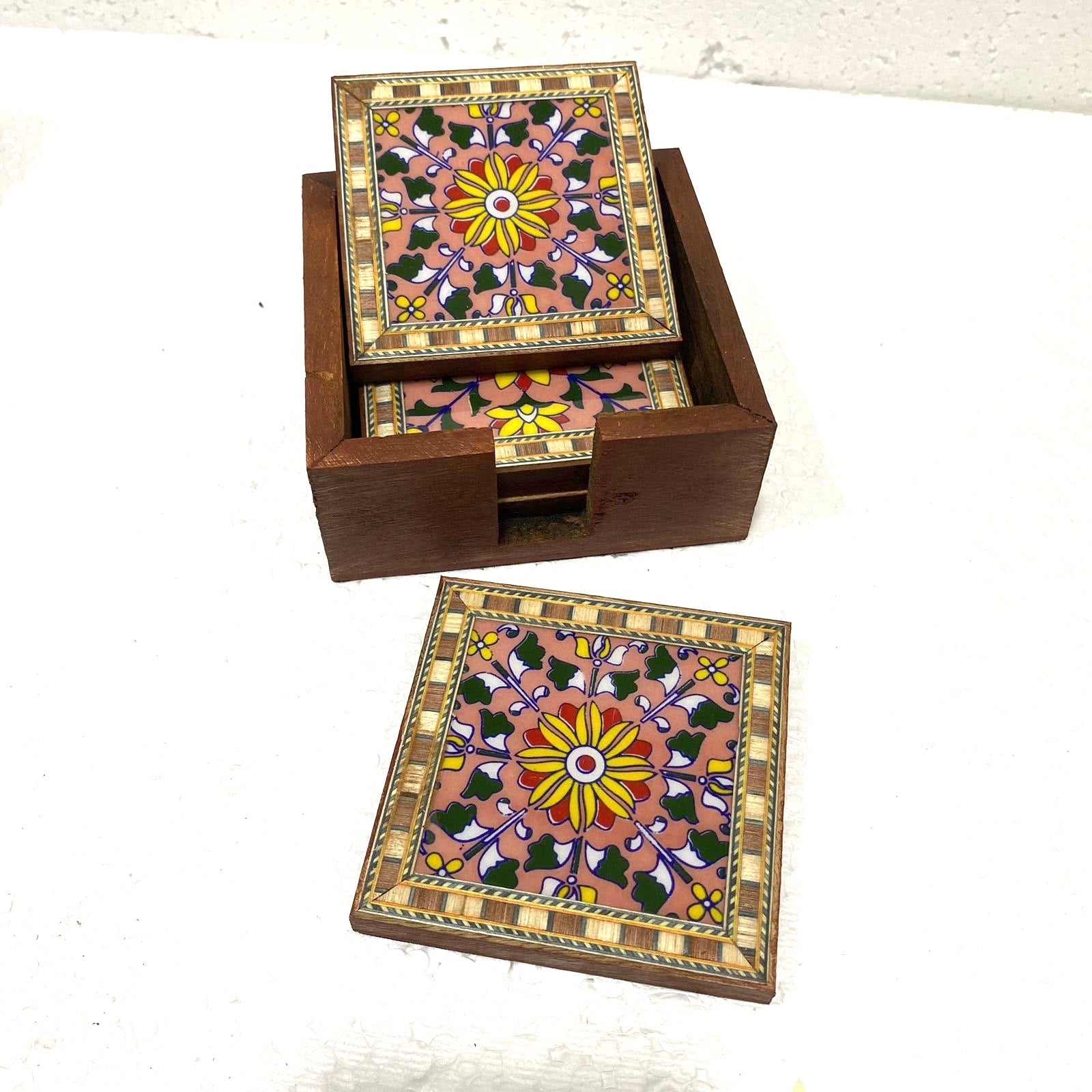 Blue Pottery Tile Fitted Tea Coaster Made With Wood Tableware Tamrapatra