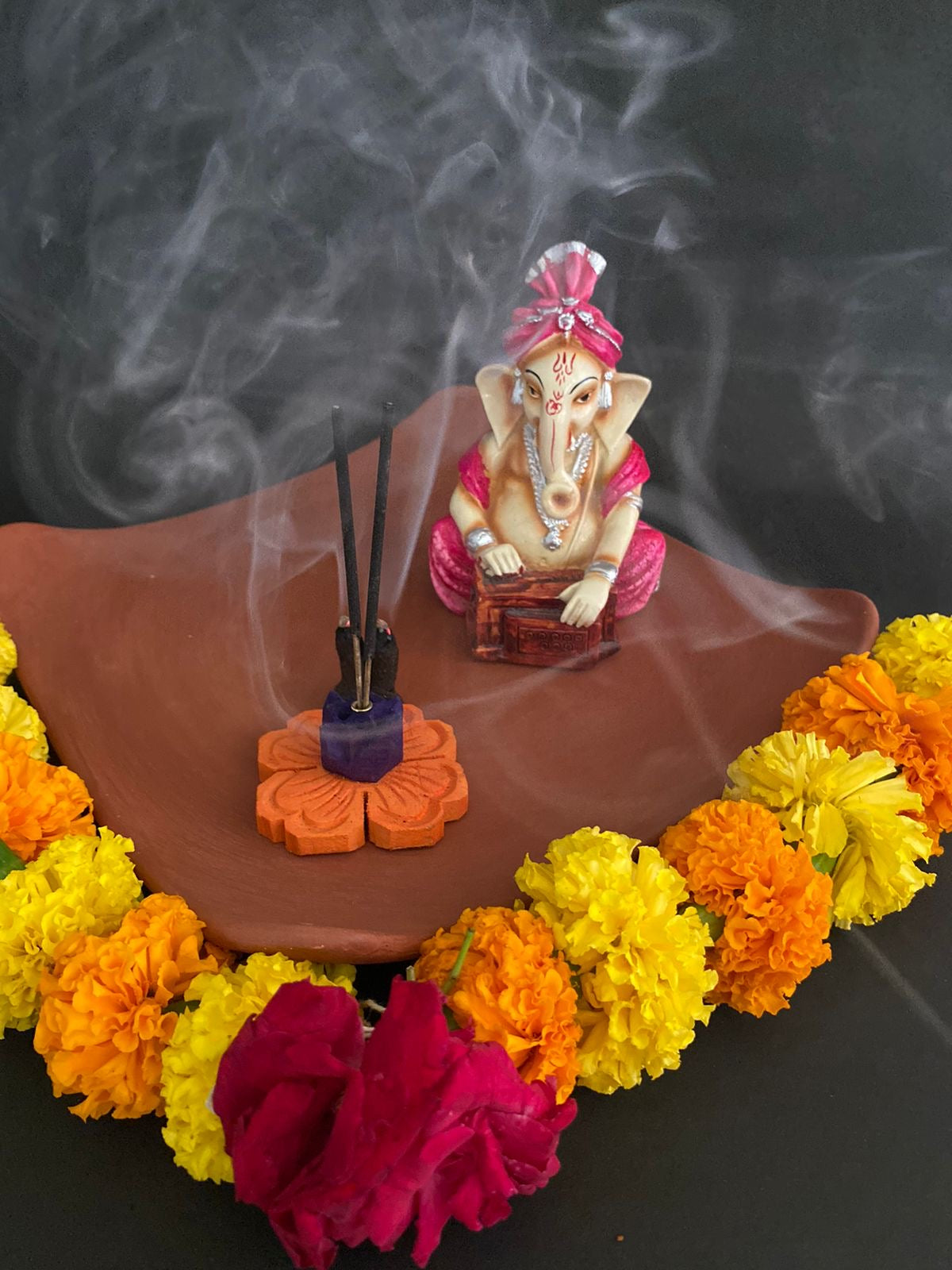 Incense Stick Holder In Designer Flower Style Wooden Handcrafted From Tamrapatra