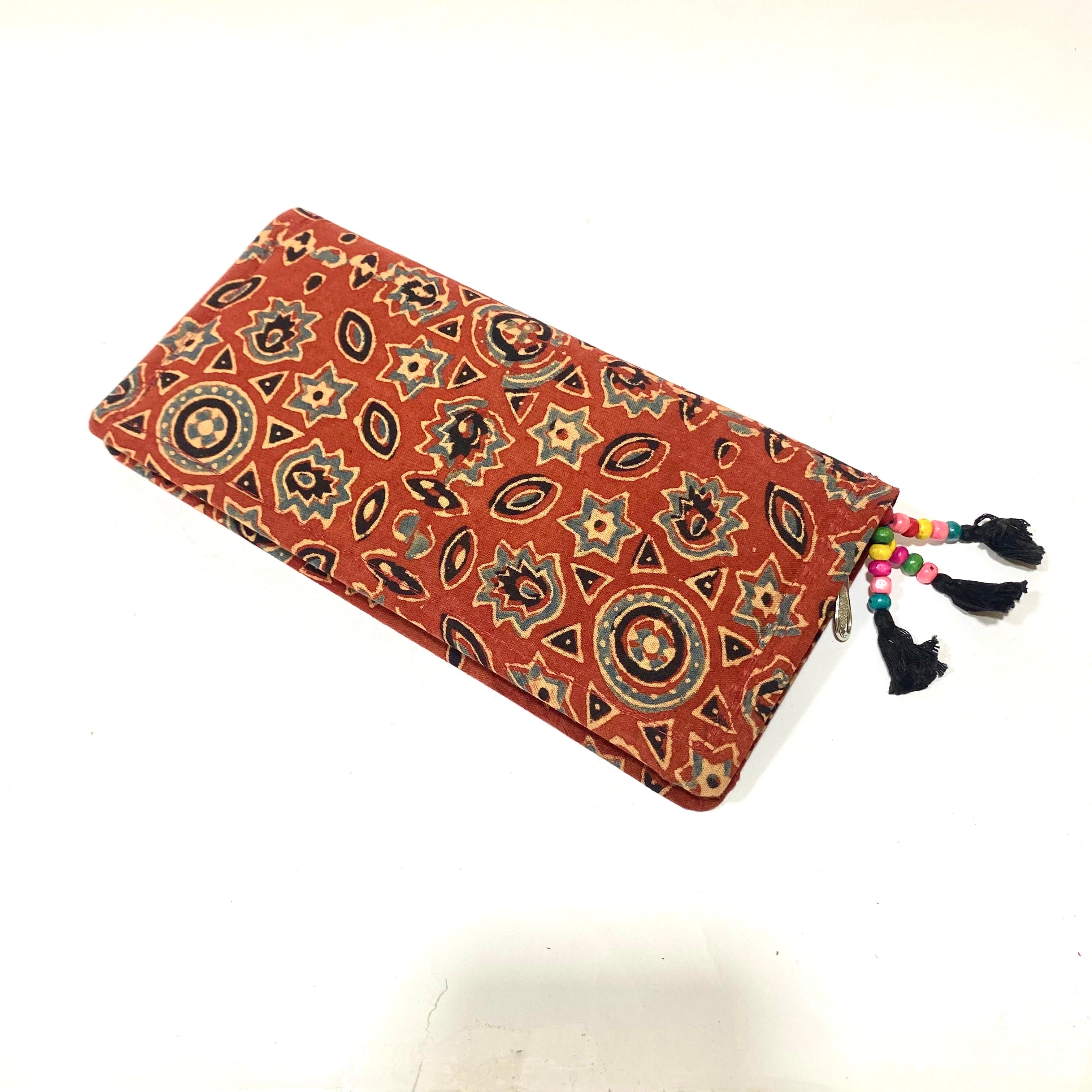 Cotton Embroidery Block Print Purse With Mirrors Styled With Beads By Tamrapatra