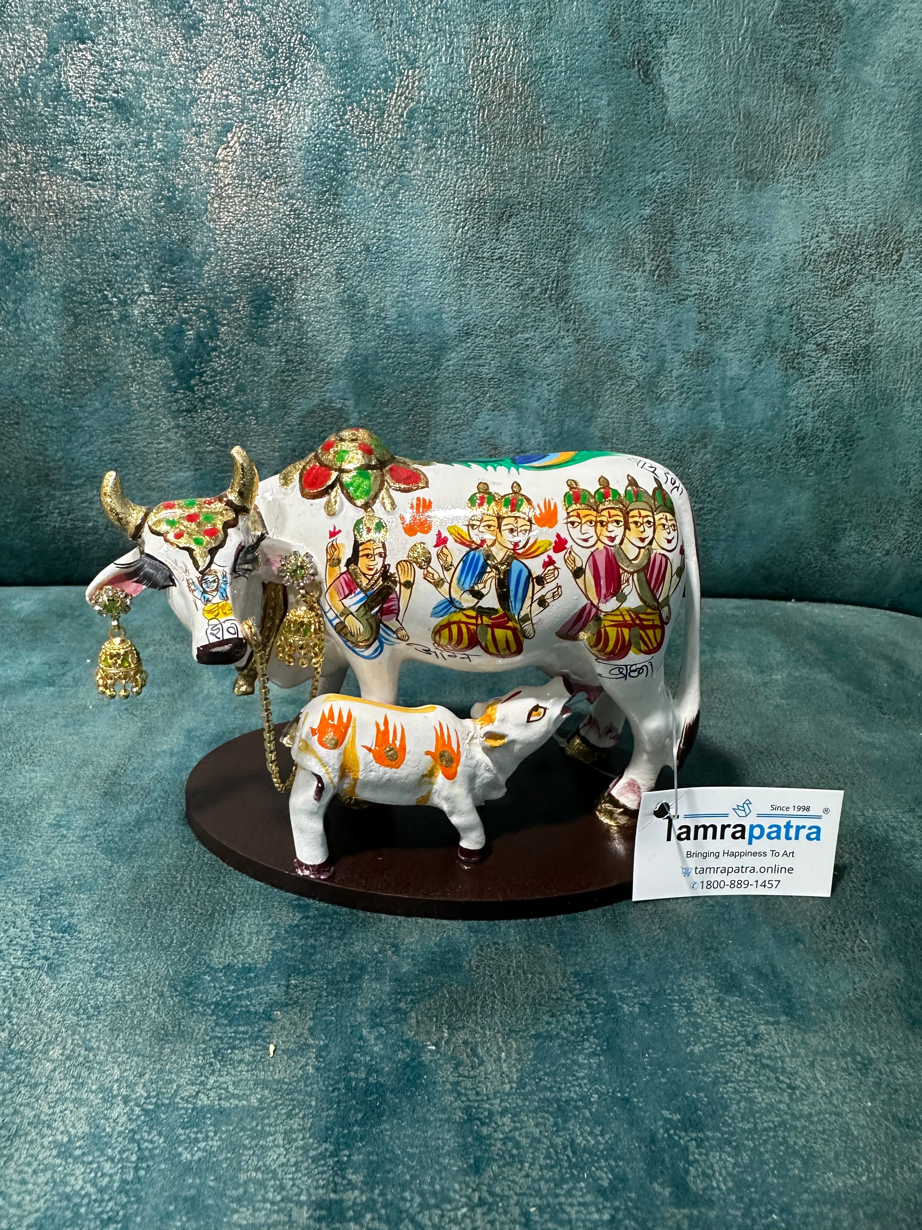 Cow Calf Kamdhenu Hand Painted Excellent Resin Craftsmanship From Tamrapatra