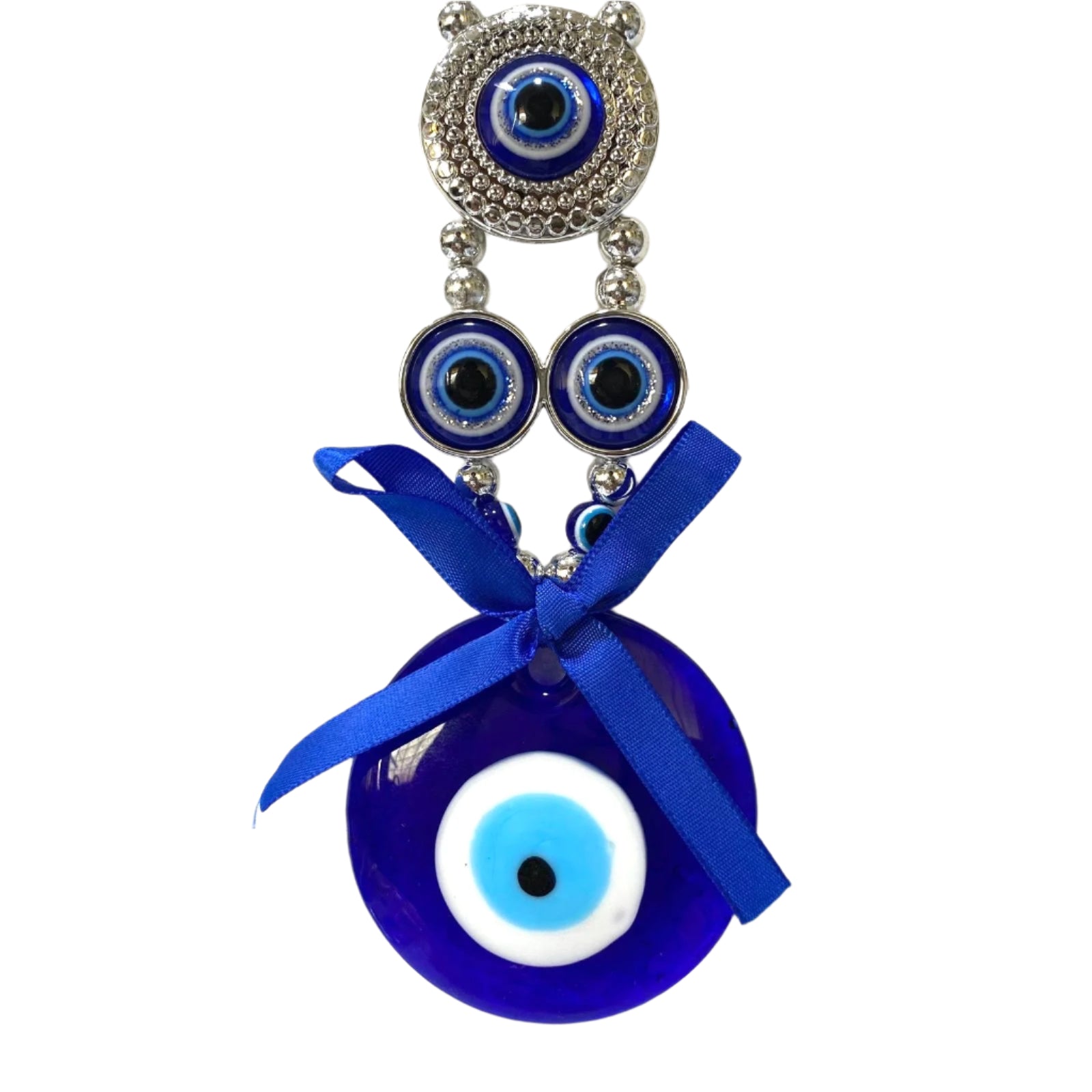 Blue evil eye pendant with a ribbon on a textured white background