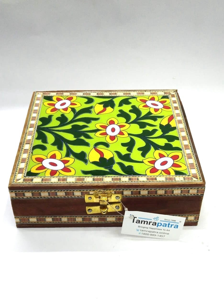 Blue Pottery Tile Wooden Box Storage Utility Jewelry New Arrival Tamrapatra