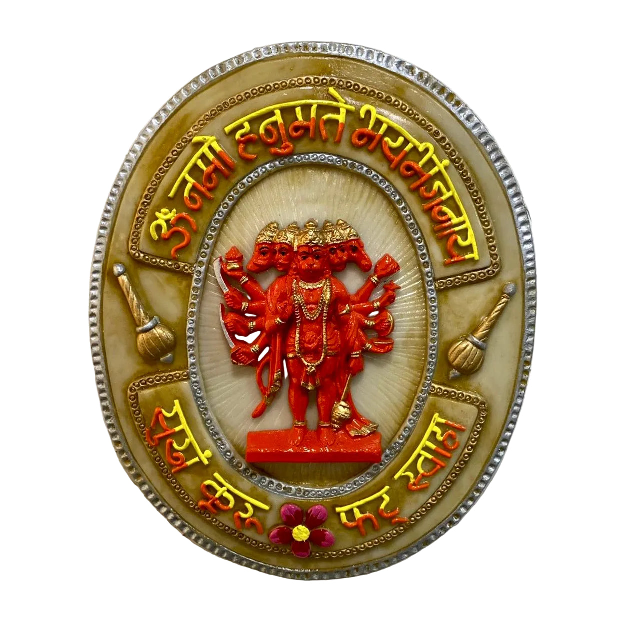 Decorative plaque with a red figure in the center on a textured white background