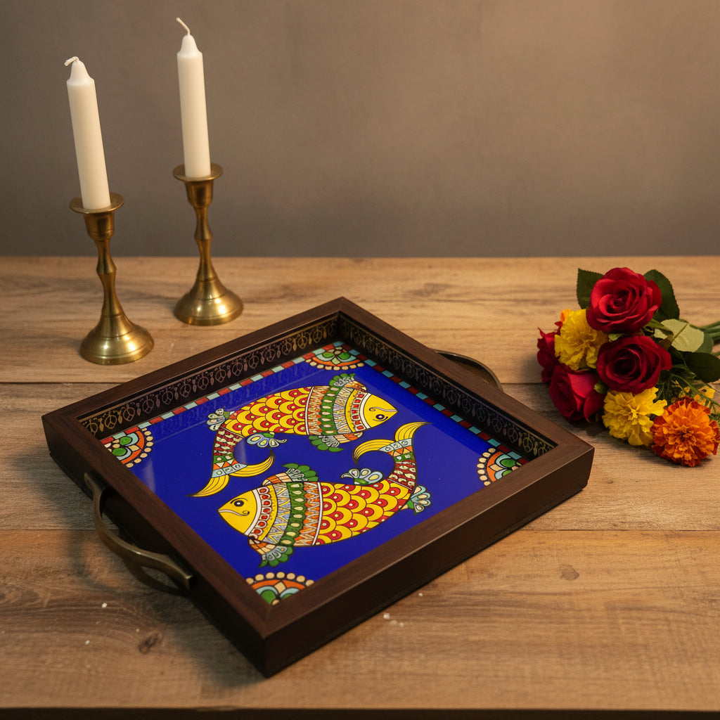 A square decorative tray with a dark brown wooden frame and side handles, featuring a colorful hand-painted style fish design on a bright blue background.