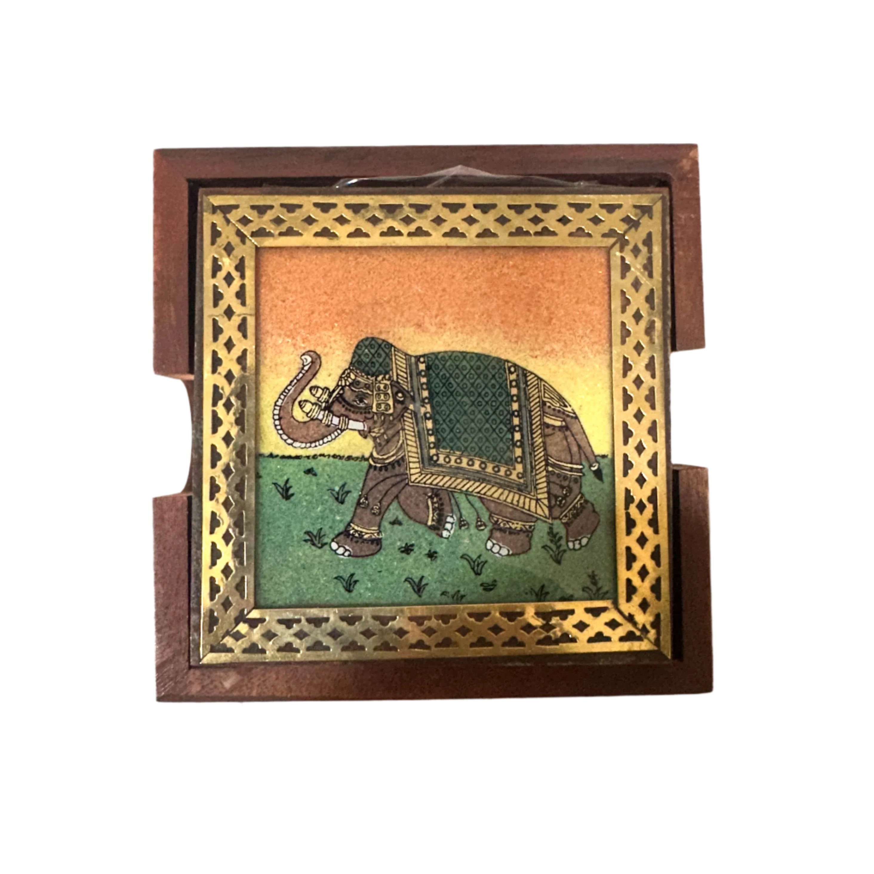 Decorative wall art with an elephant design in a wooden frame on a white background