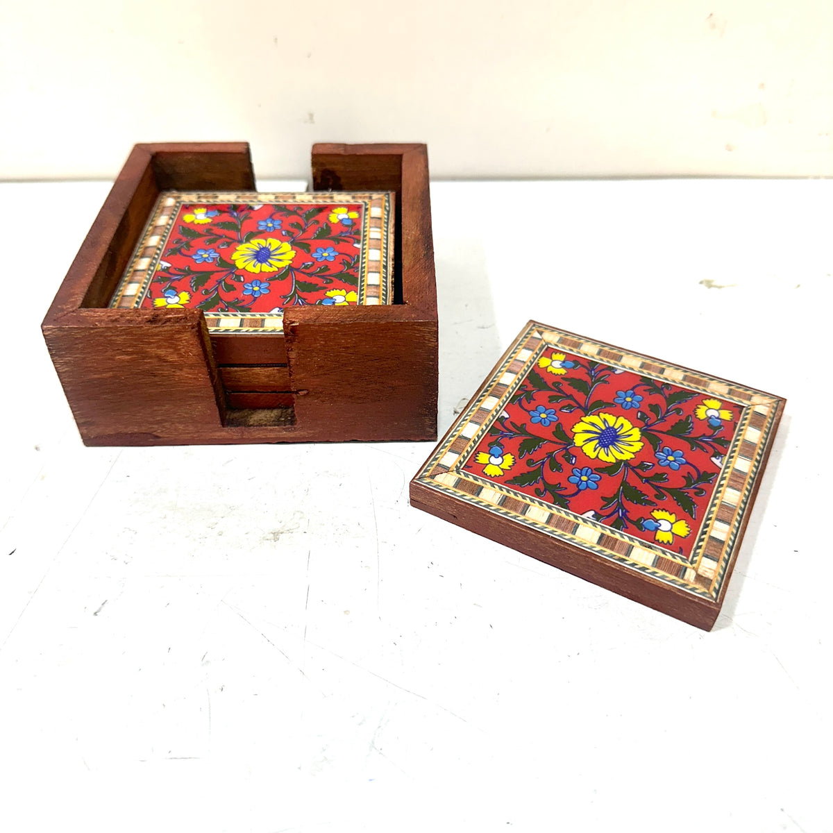 Blue Pottery Tile Fitted Tea Coaster Made With Wood Tableware Crafts By Tamrapatra - Tamrapatra