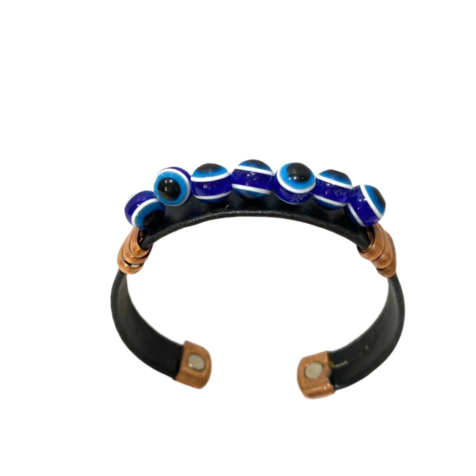 Bracelet with blue beads and black leather strap on a textured white background