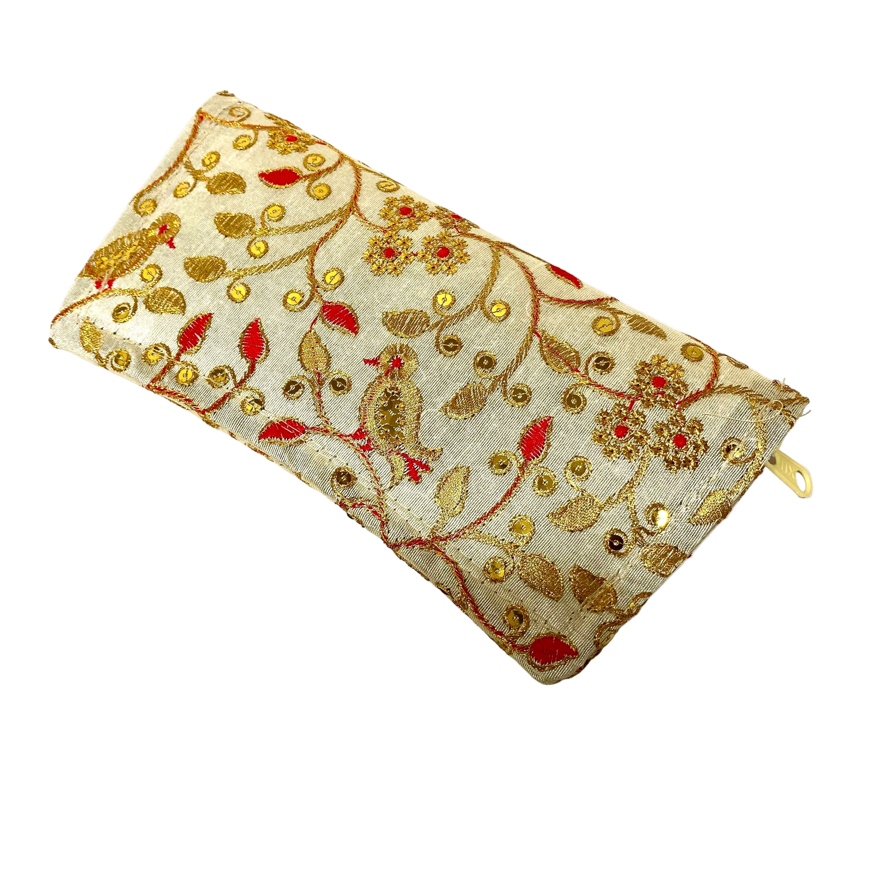 Decorative pouch with gold and red embroidery on a white background