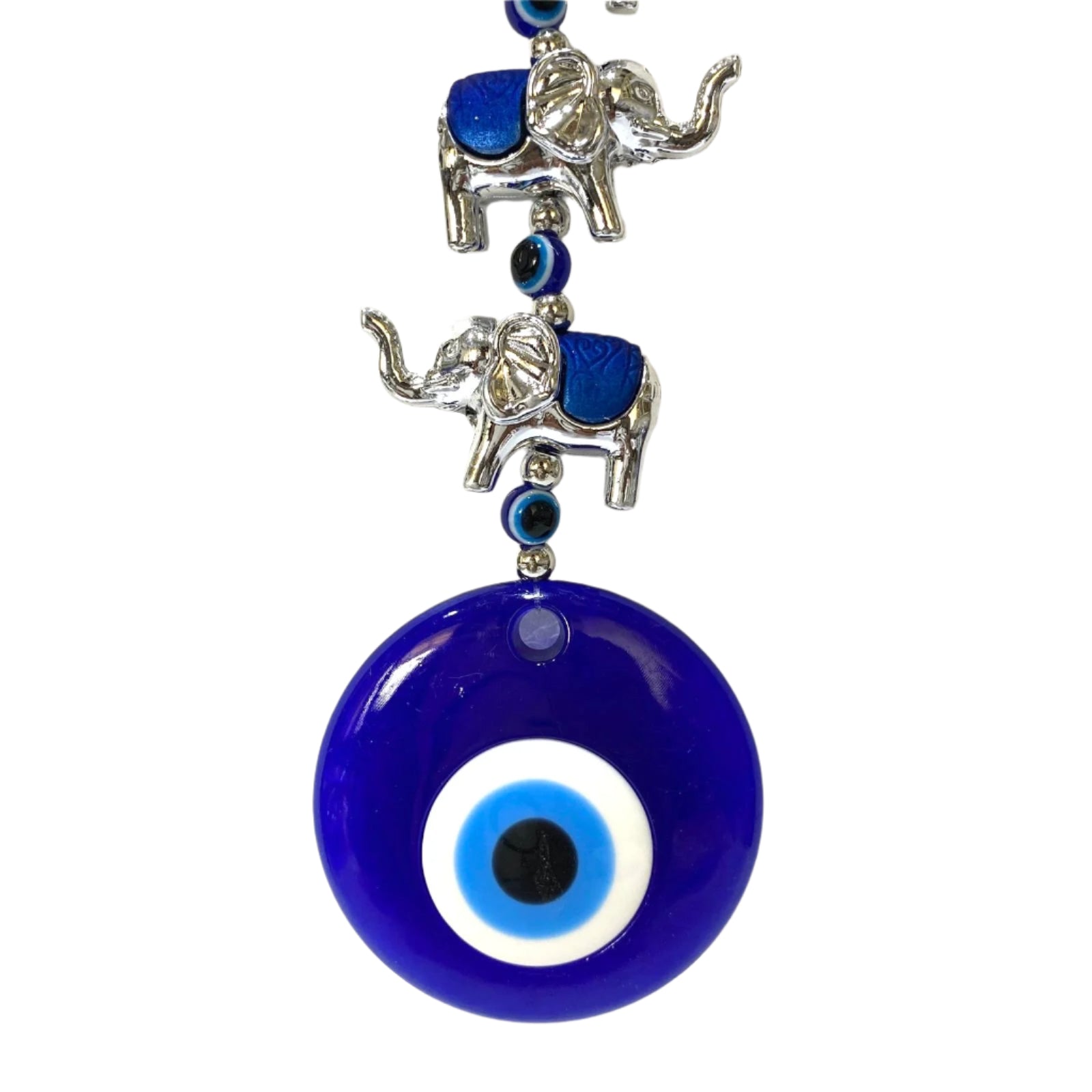 Blue evil eye pendant with silver elephant charms on a white background