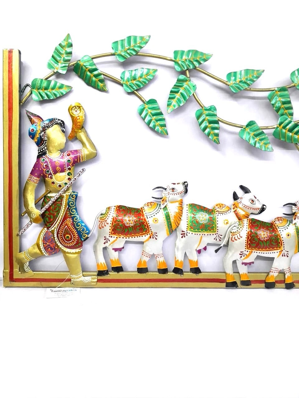 Splendid Krishna Under Tree With Cow Spiritual Metal Wall Décor From Tamrapatra