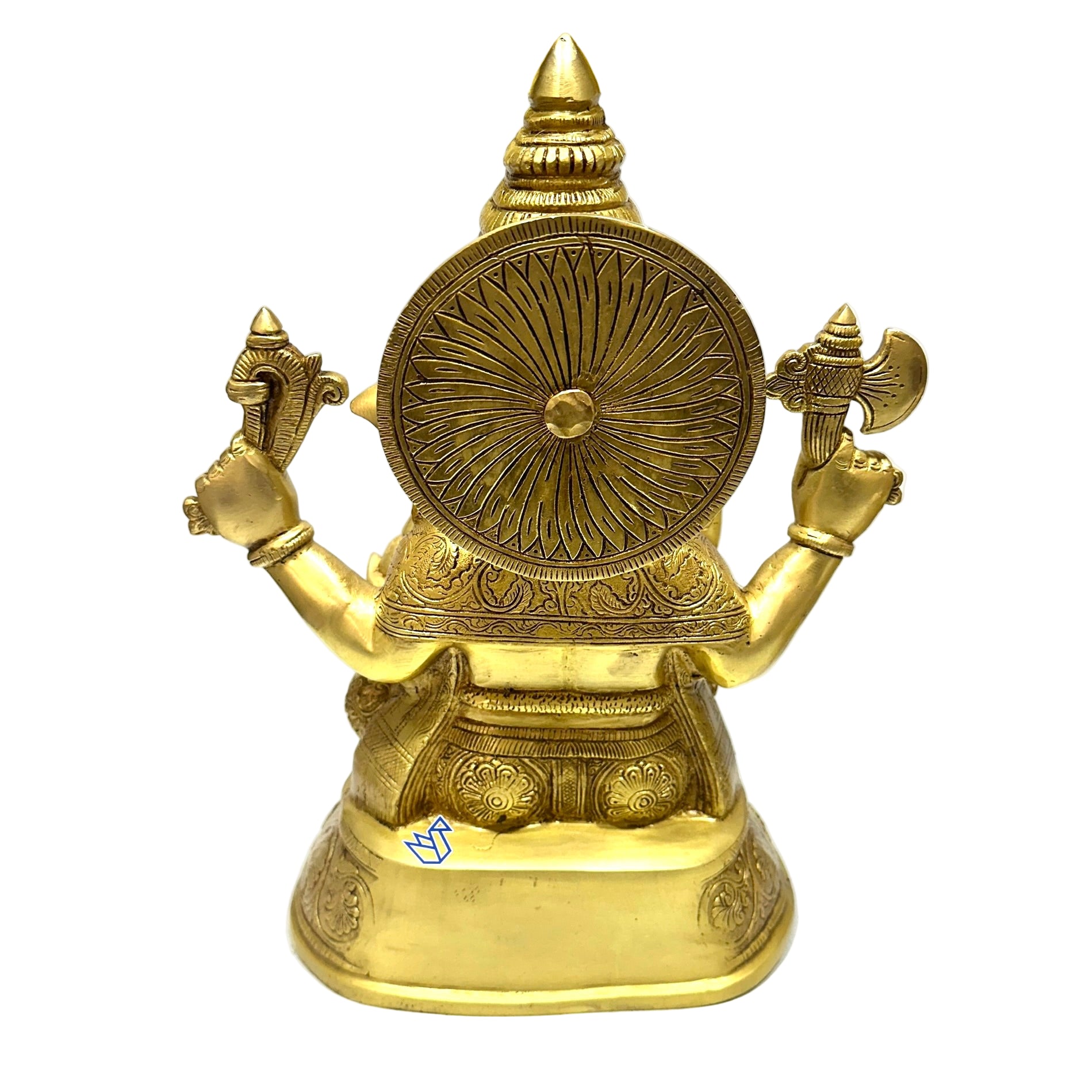 Gold-colored statue with multiple arms and a central disc on a white background