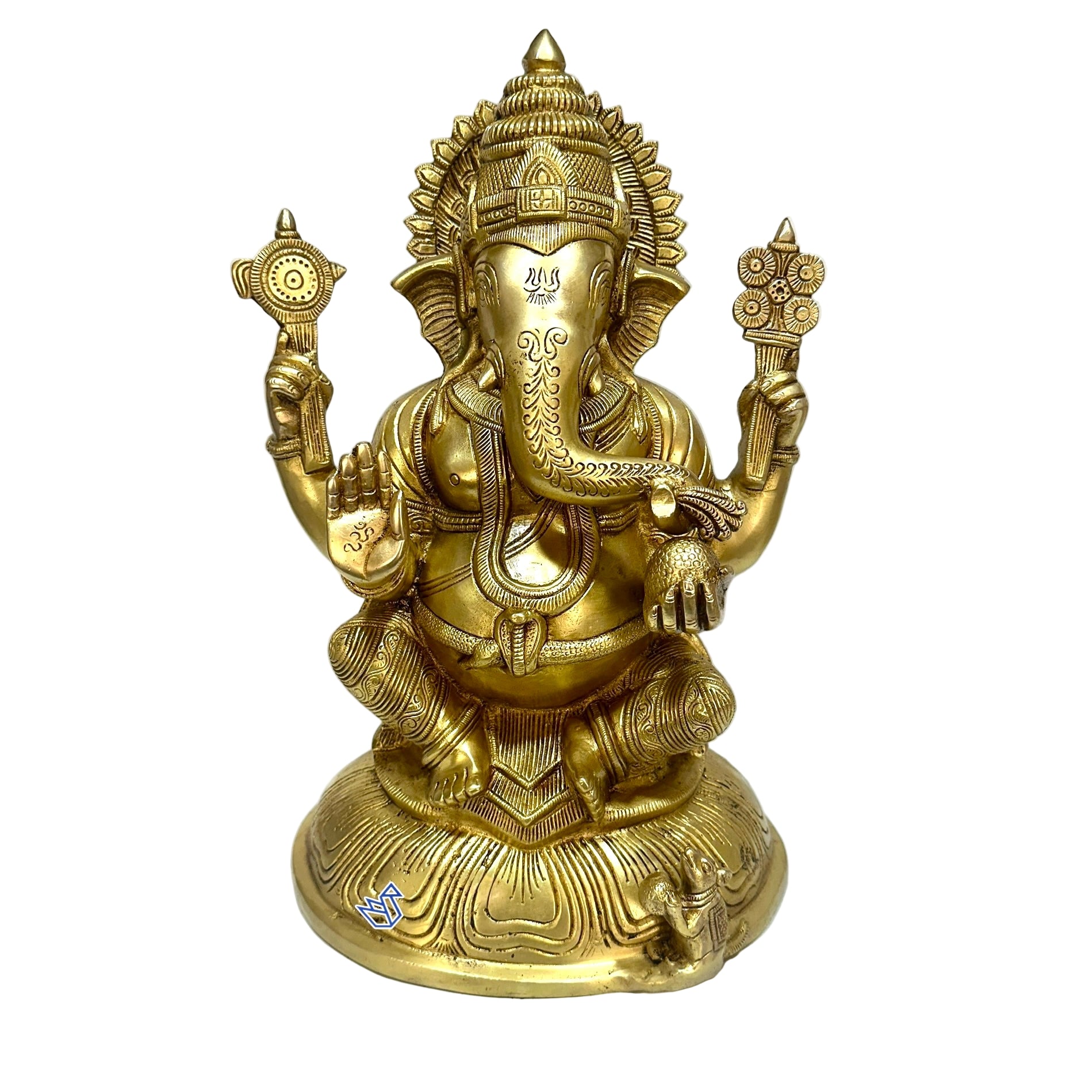 Gold-colored statue of a deity with intricate designs on a white background