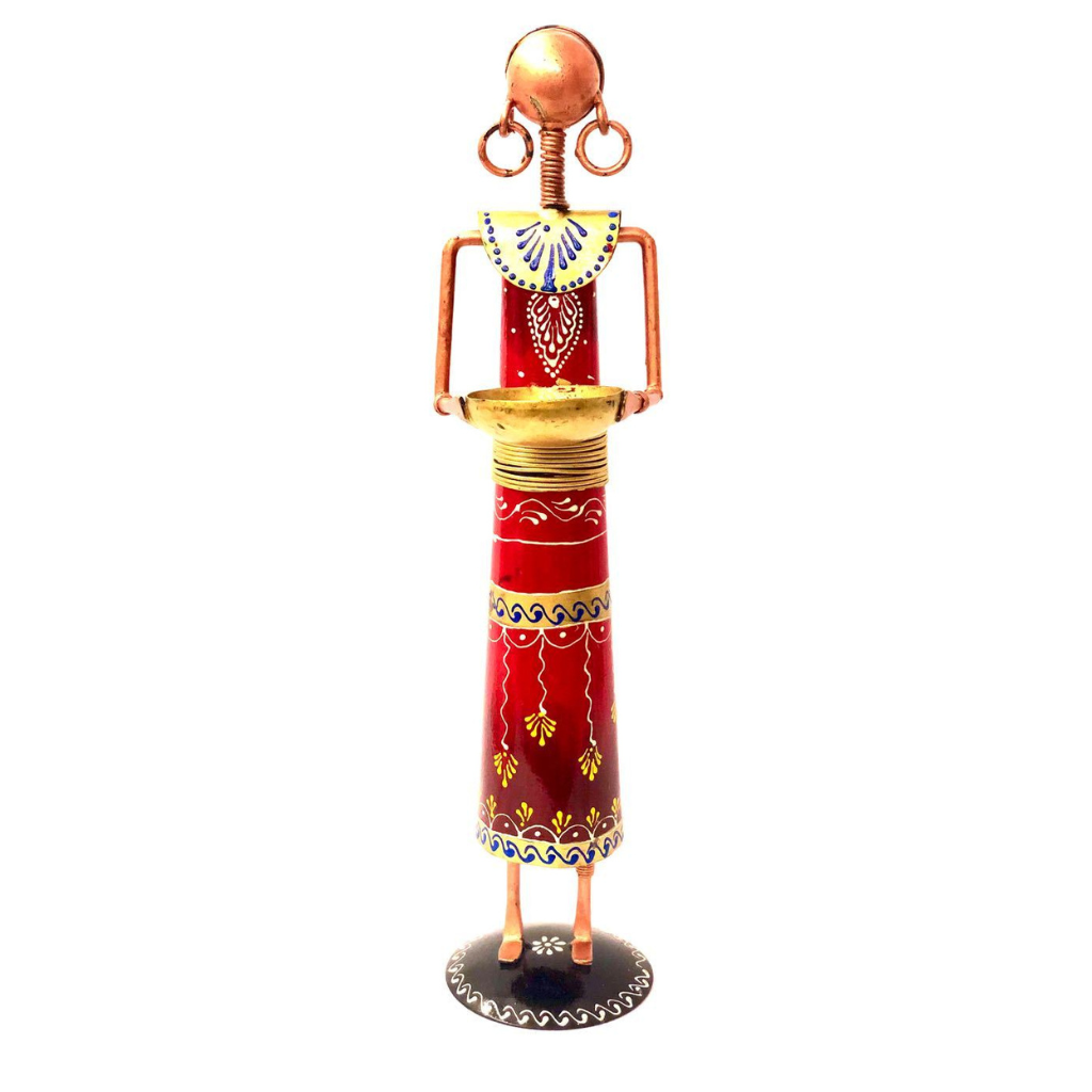 Ethnic Candle Holder Figurine Woman With Basket Tea Light Handmade Tamrapatra - Tamrapatra