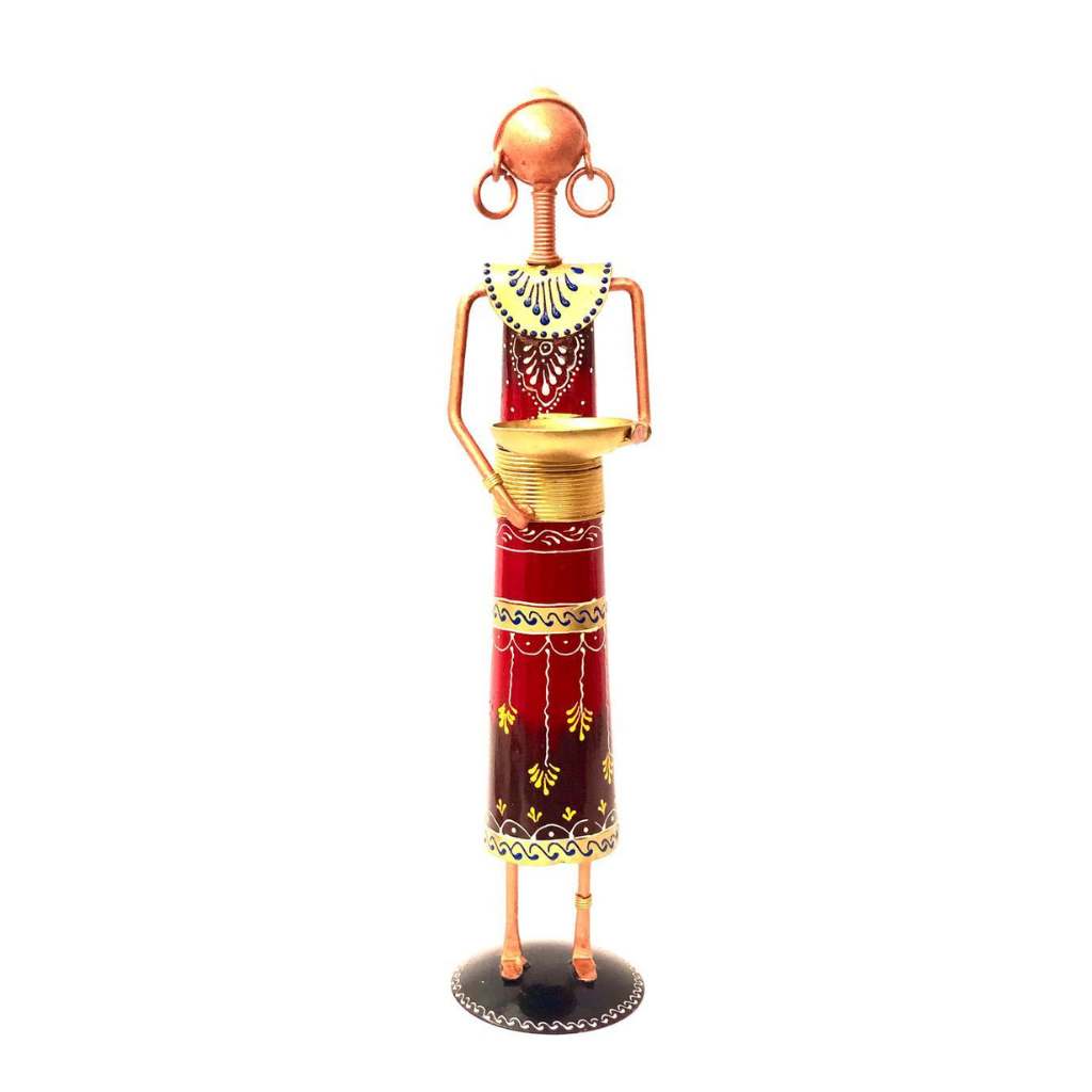 Ethnic Candle Holder Figurine Woman With Basket Tea Light Handmade Tamrapatra - Tamrapatra