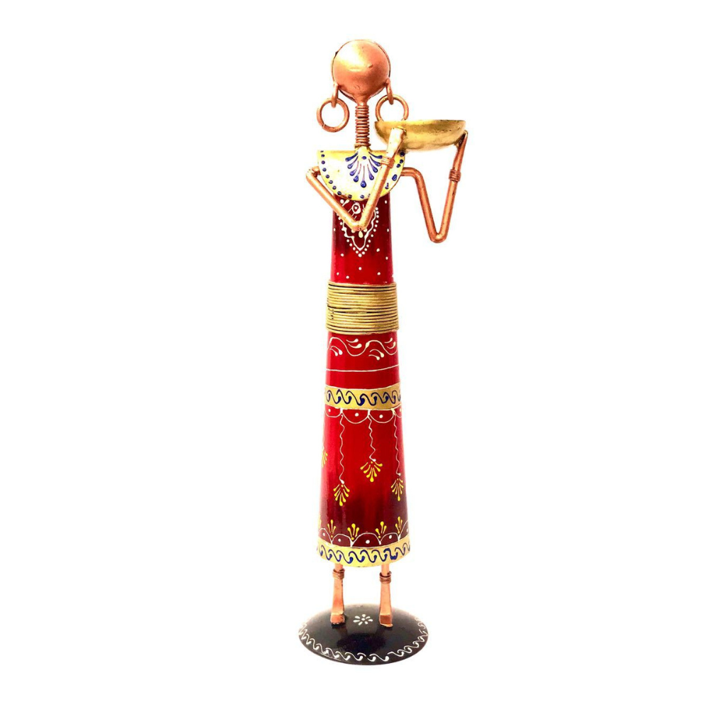 Ethnic Candle Holder Figurine Woman With Basket Tea Light Handmade Tamrapatra - Tamrapatra