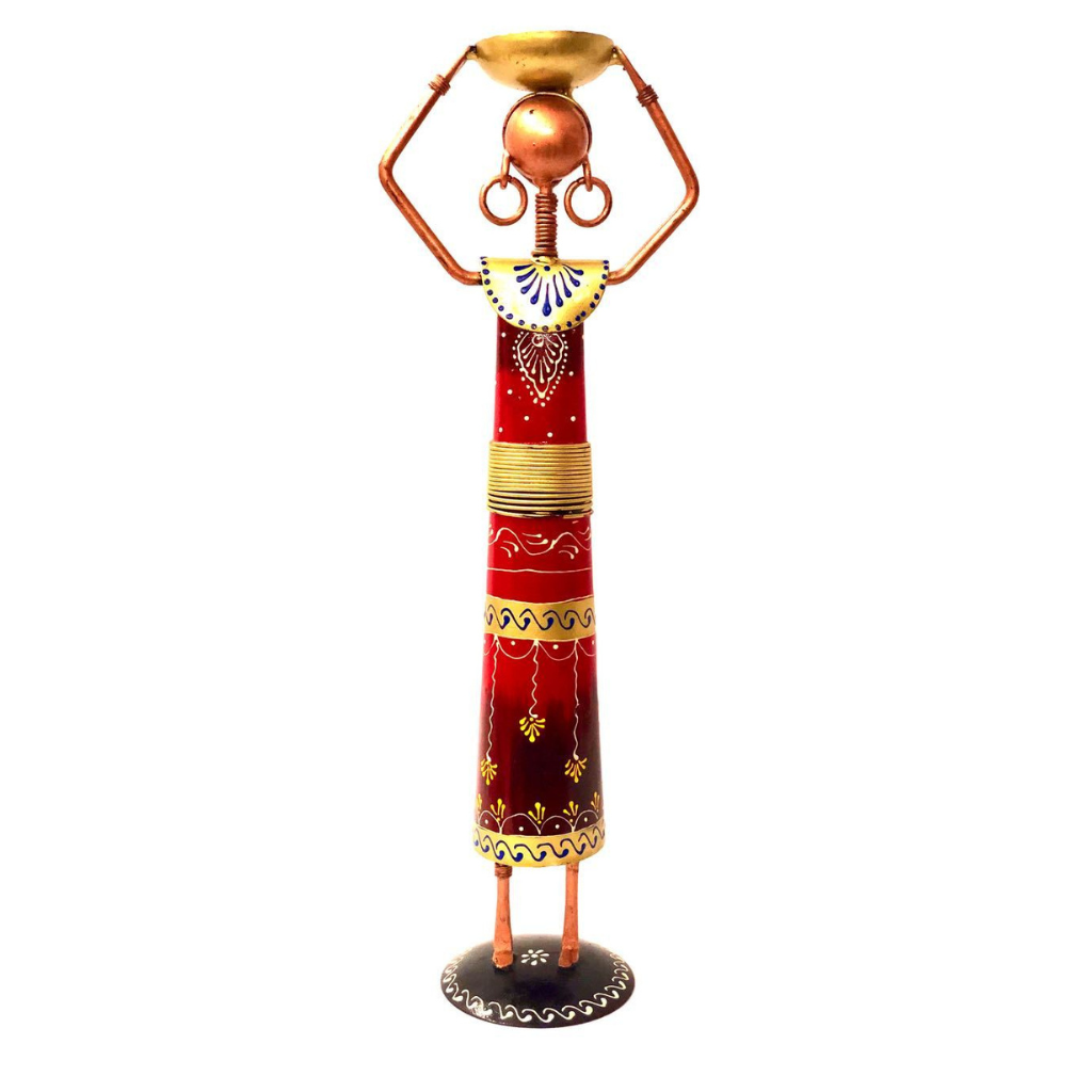 Ethnic Candle Holder Figurine Woman With Basket Tea Light Handmade Tamrapatra - Tamrapatra