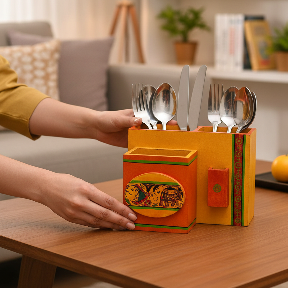 Madhubani Hand Painted Bright Colored Cutlery Toothpick Holder From Tamrapatra - Tamrapatra