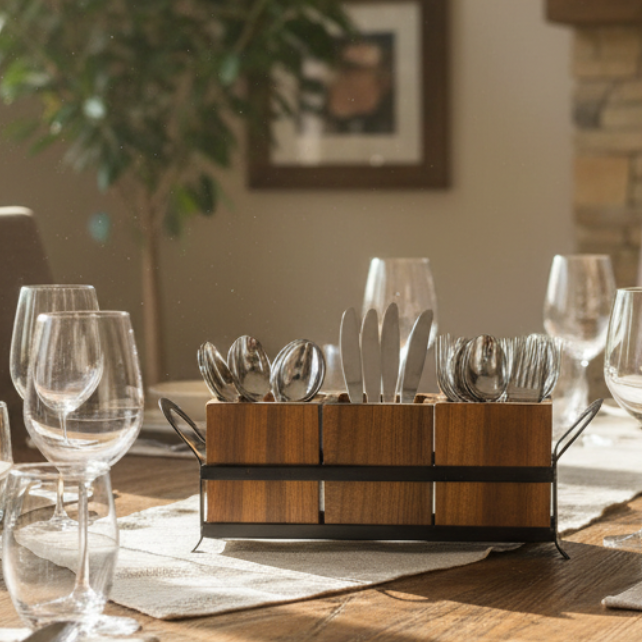 Royal Finish Wooden Cutlery Holder Multipurpose Table Décor By Tamrapatra - Tamrapatra