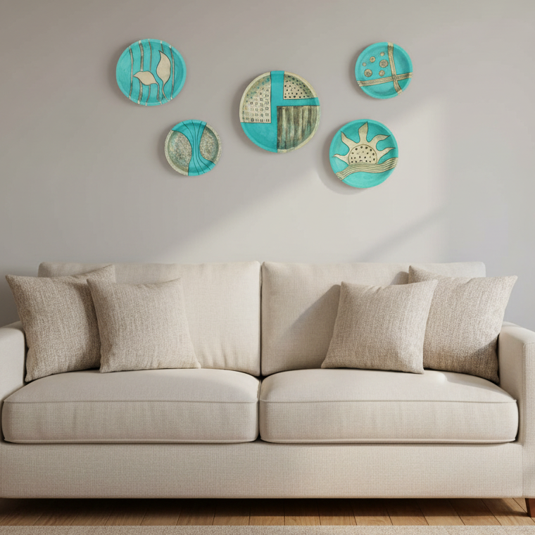 Cyan Blue Terracotta Clay Hanging Wall Plates In Set Of 5 From Tamrapatra - Tamrapatra