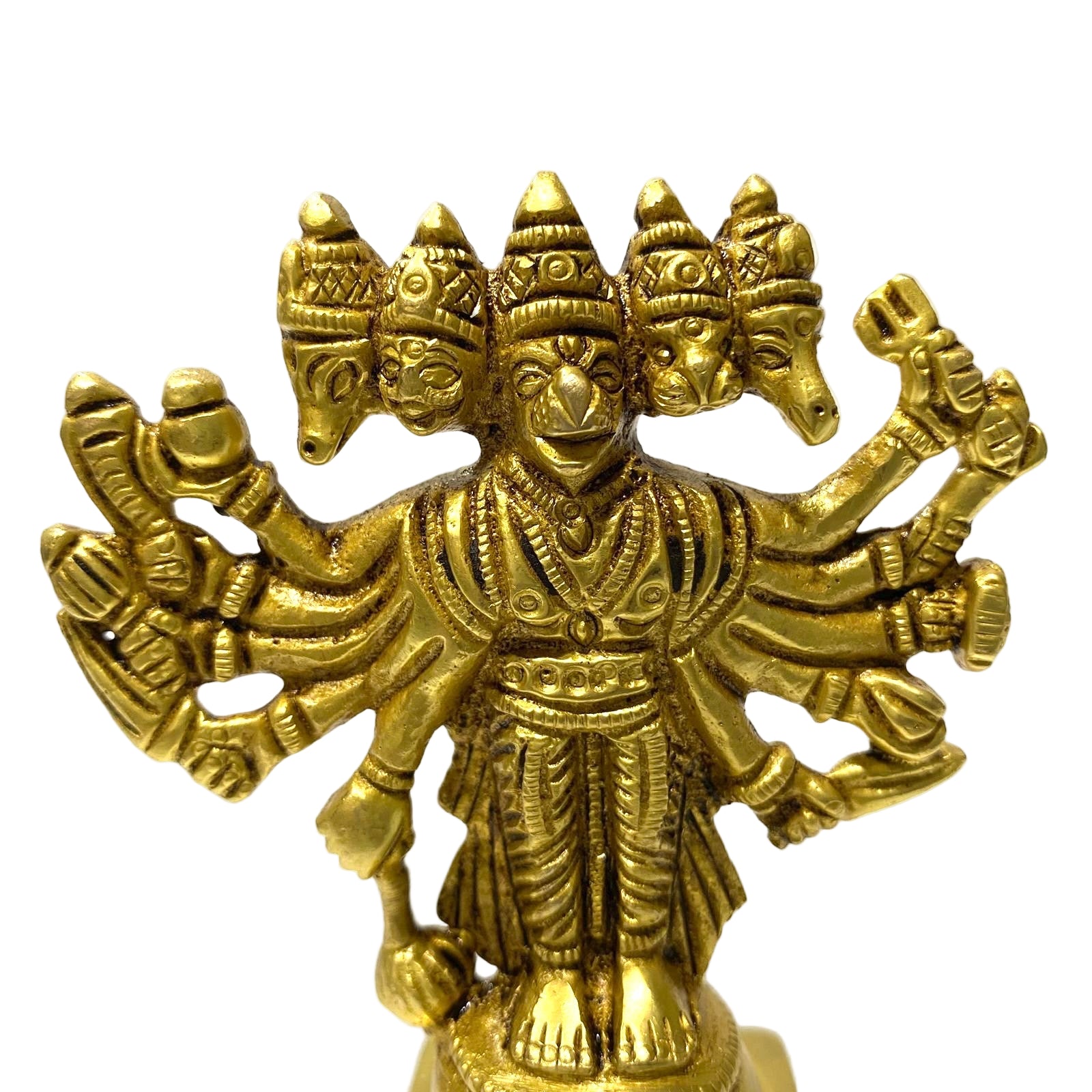 Gold-colored statue with multiple arms and faces on a white background
