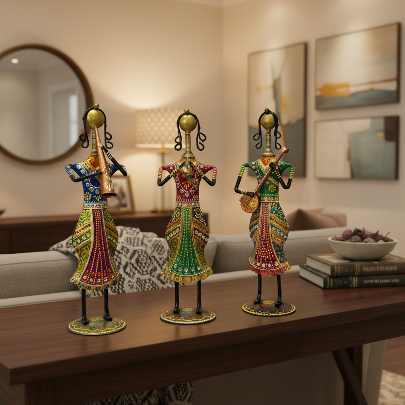 Standing Lady Playing Various Musical Instruments Metal Craft From Tamrapatra