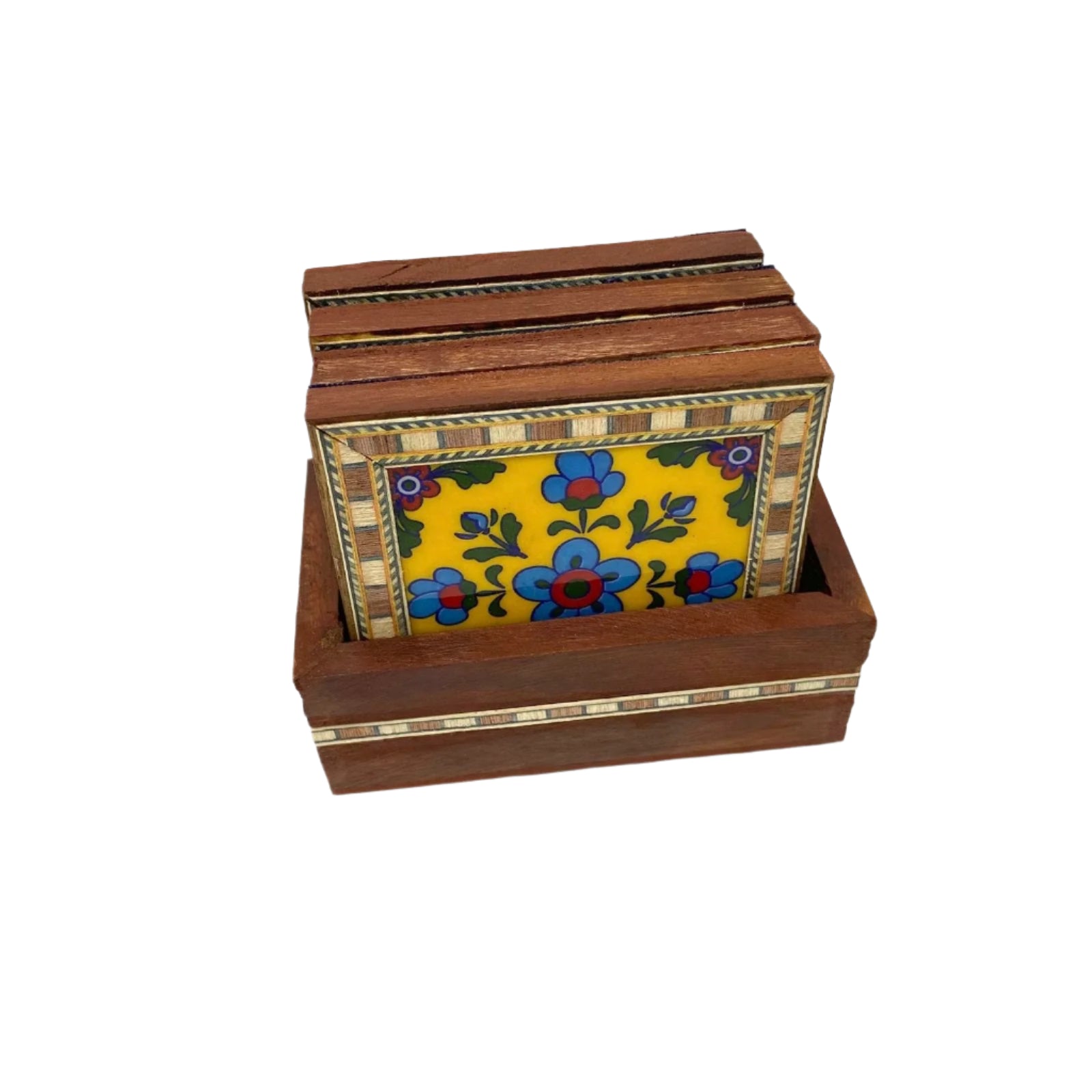 Wooden box with floral mosaic design on a white background