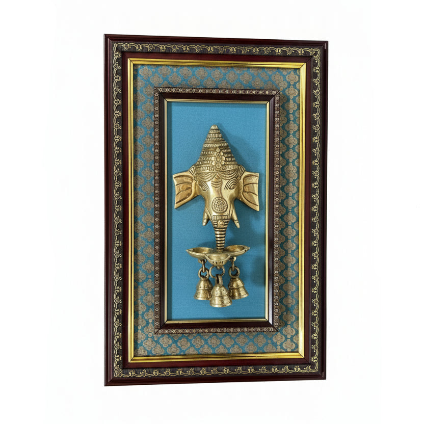Wall Art Ganesha Diya & 3 Bells Handcrafted Brass Frames By Tamrapatra - Tamrapatra
