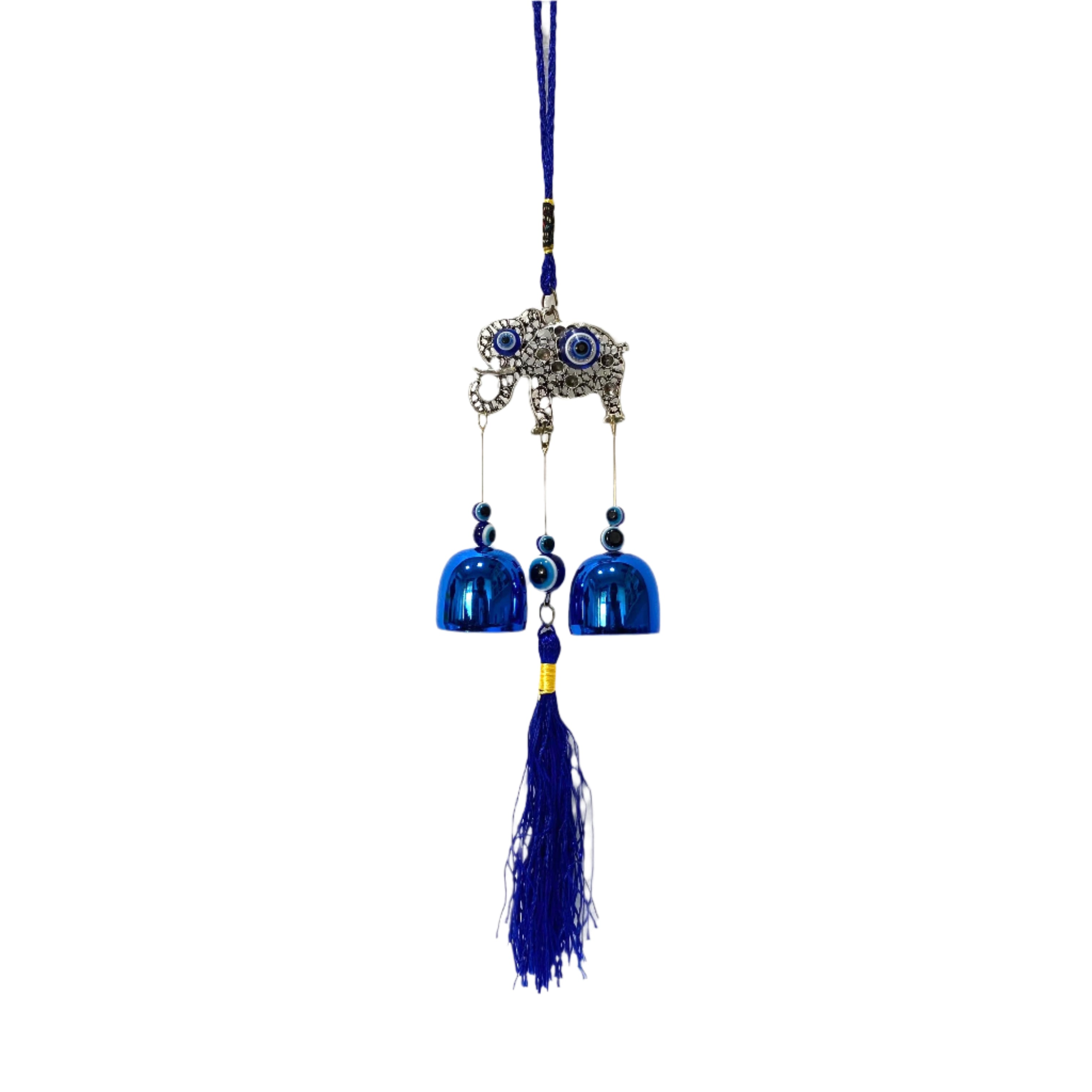 Decorative hanging with blue elements on a textured white background