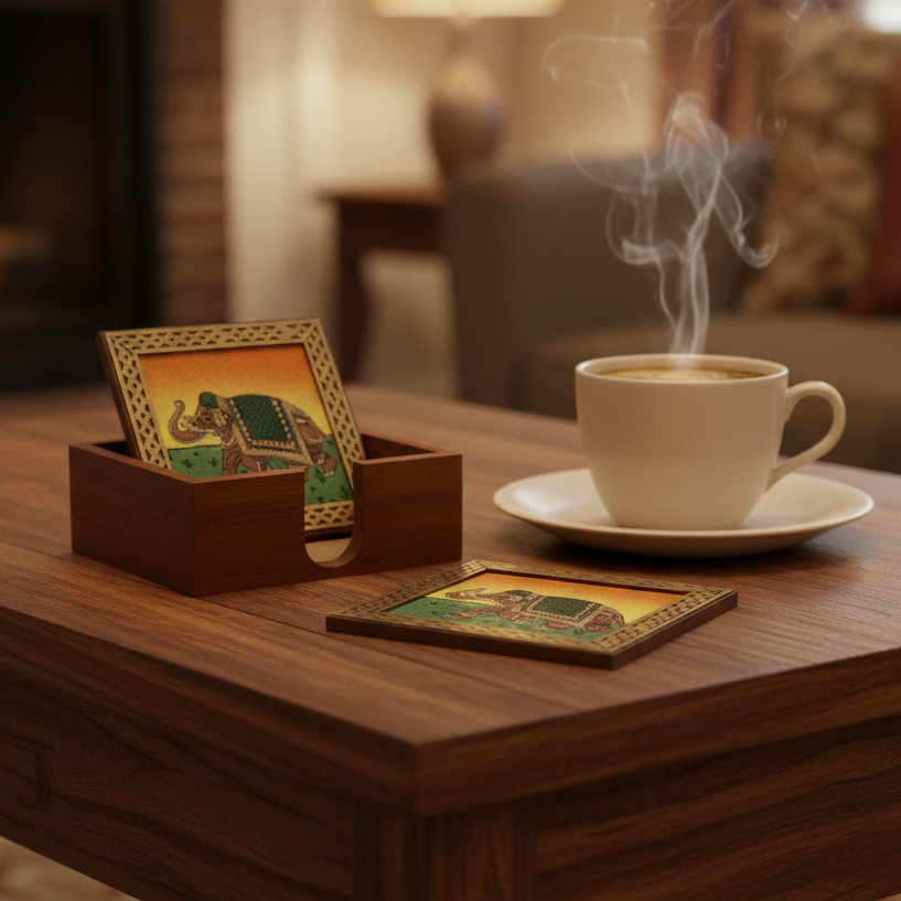 A wooden tea/coffee cup holder set on a warm wooden table, featuring a box with two decorative coasters showing an elephant illustration, alongside a steaming cup of coffee on a saucer in a cozy living room setting.