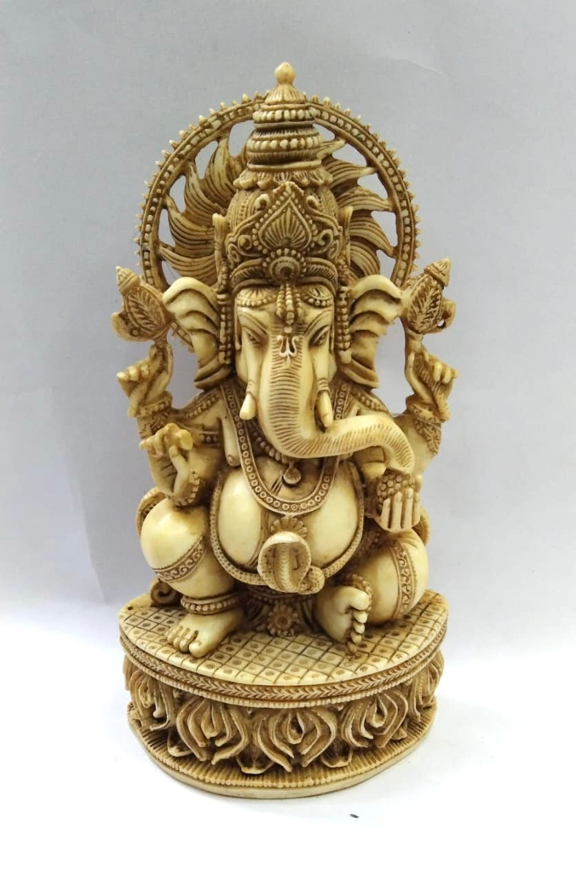 Ganesha Statue Antique Ivory Finish On Marble Dust With Trunks From Tamrapatra