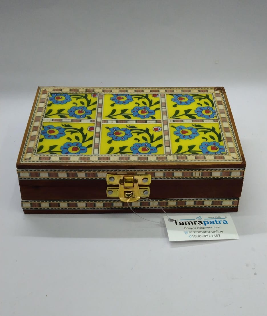 Blue Pottery Wooden Box With Lock Handcrafted Decoration Gifts By Tamrapatra