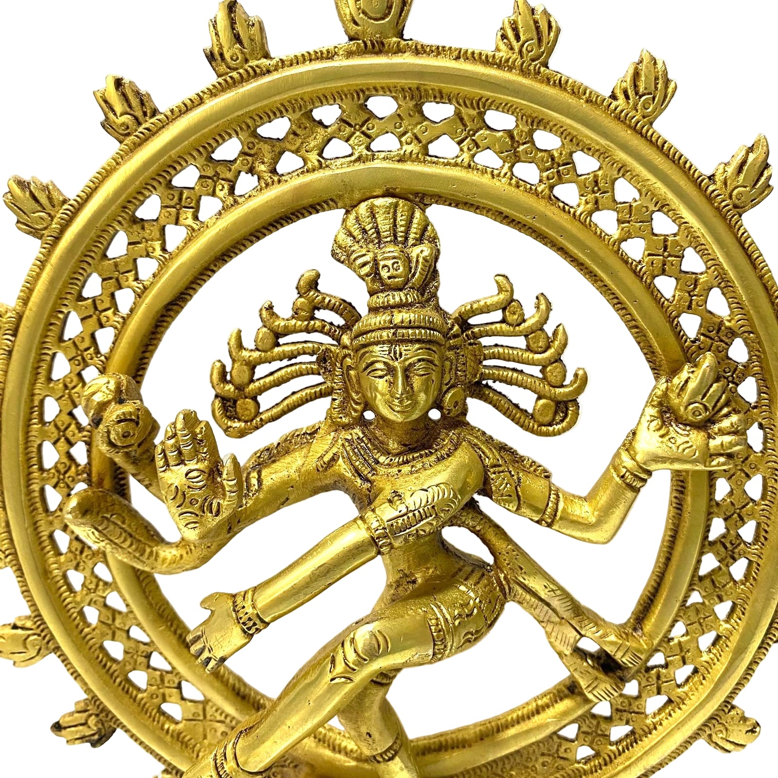 Gold sculpture of a deity in a circular design on a white background