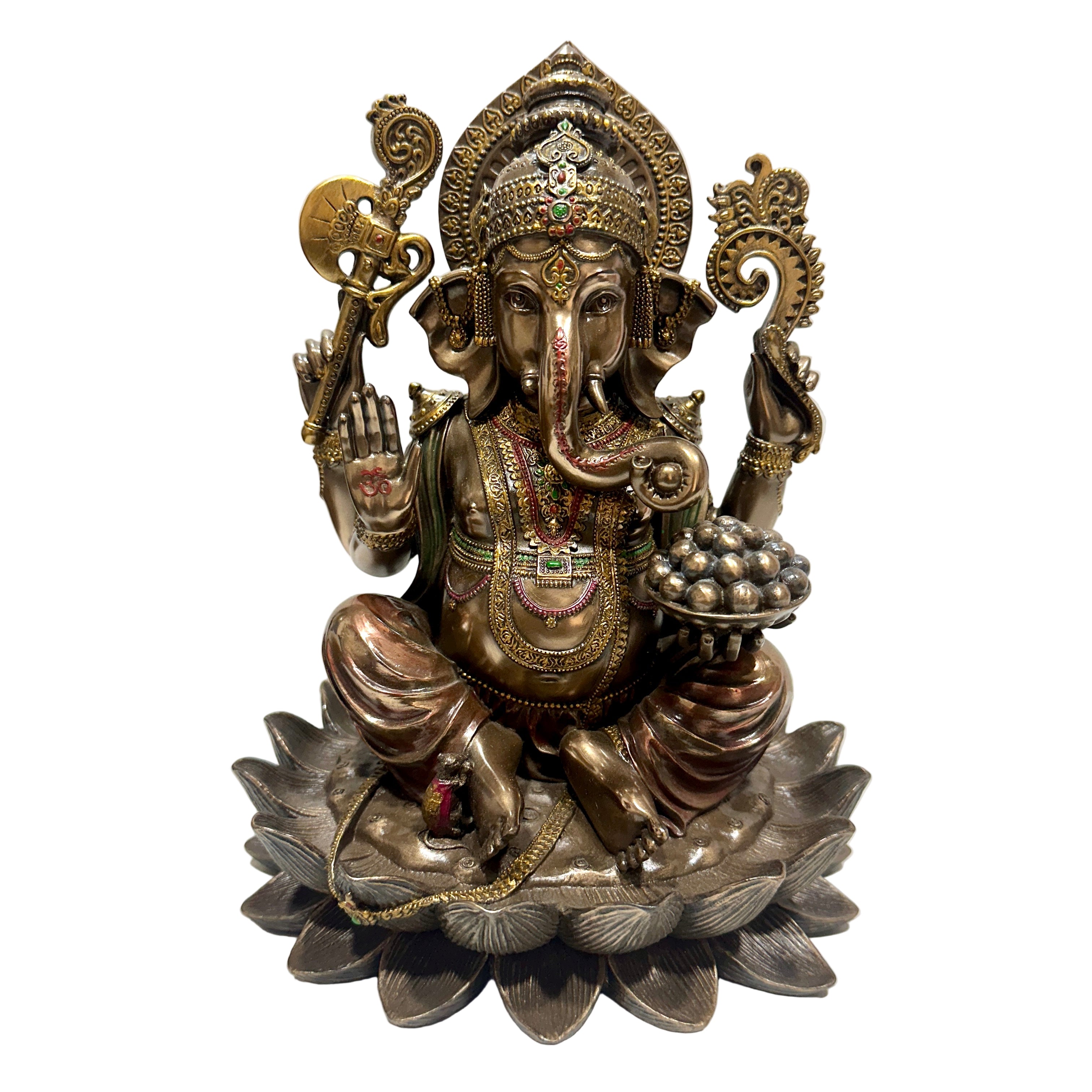 Bronze statue of a deity sitting on a lotus flower with a white background
