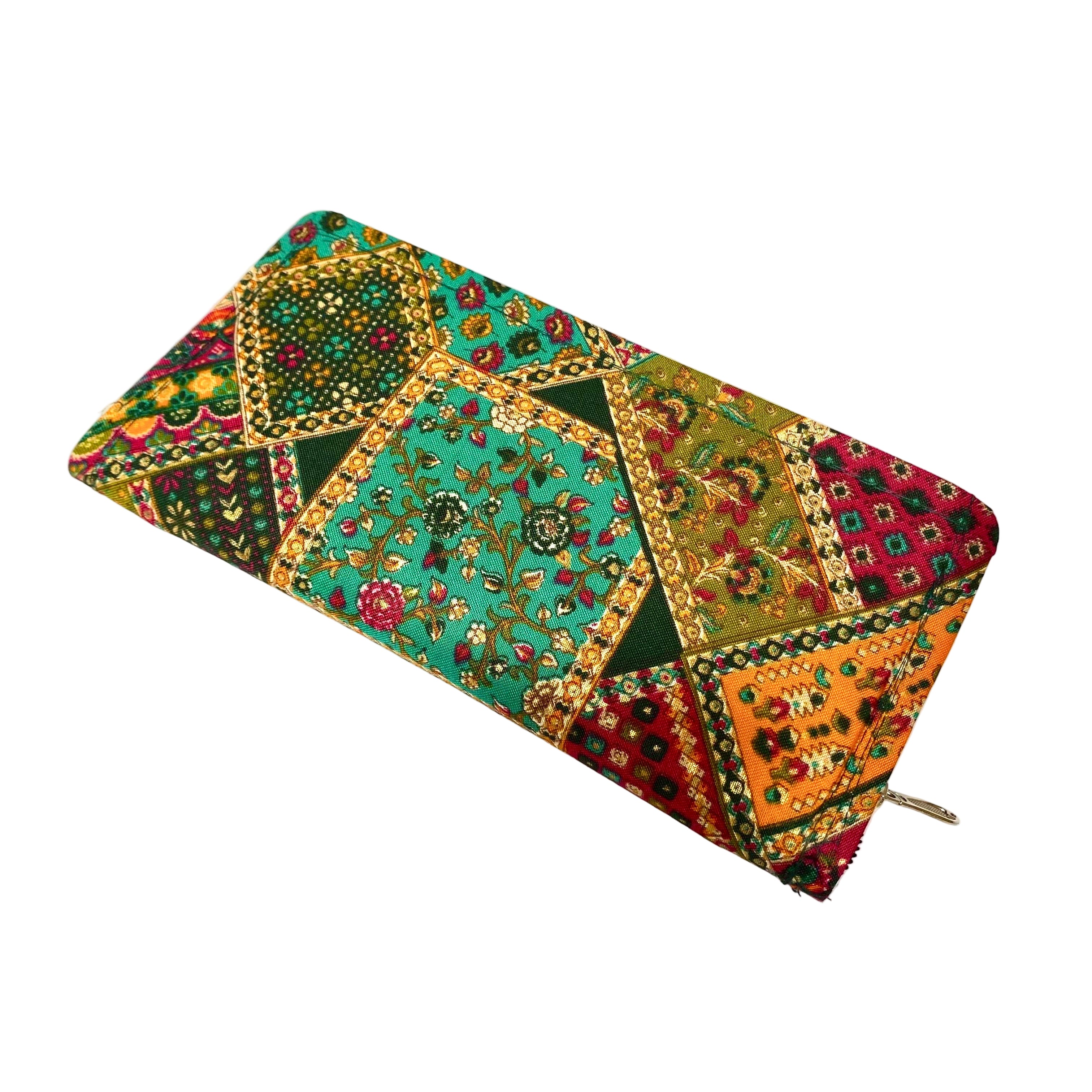 Colorful patchwork clutch bag on a white background