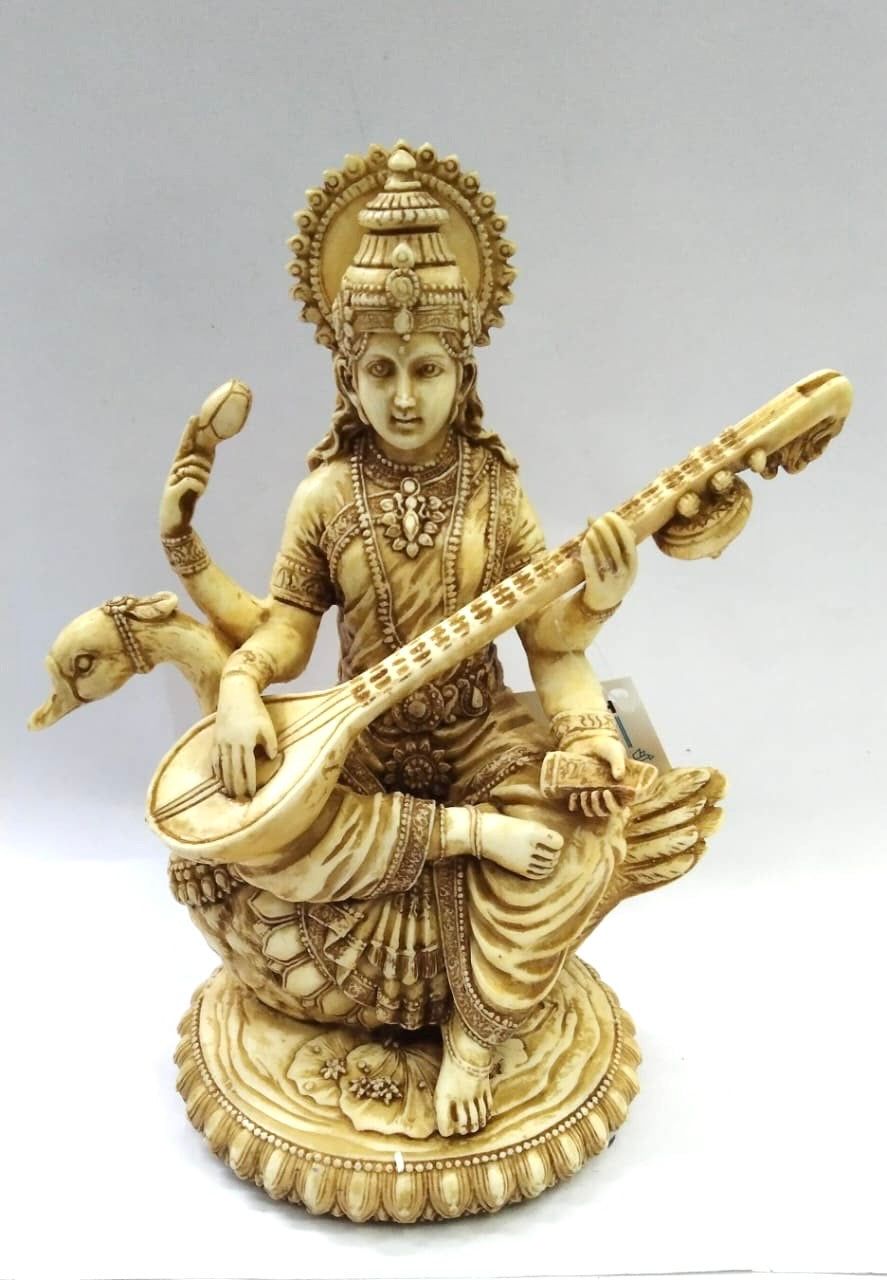 Saraswati Idol Ivory Finish Handcrafted Collectible Spiritual Art From Tamrapatra