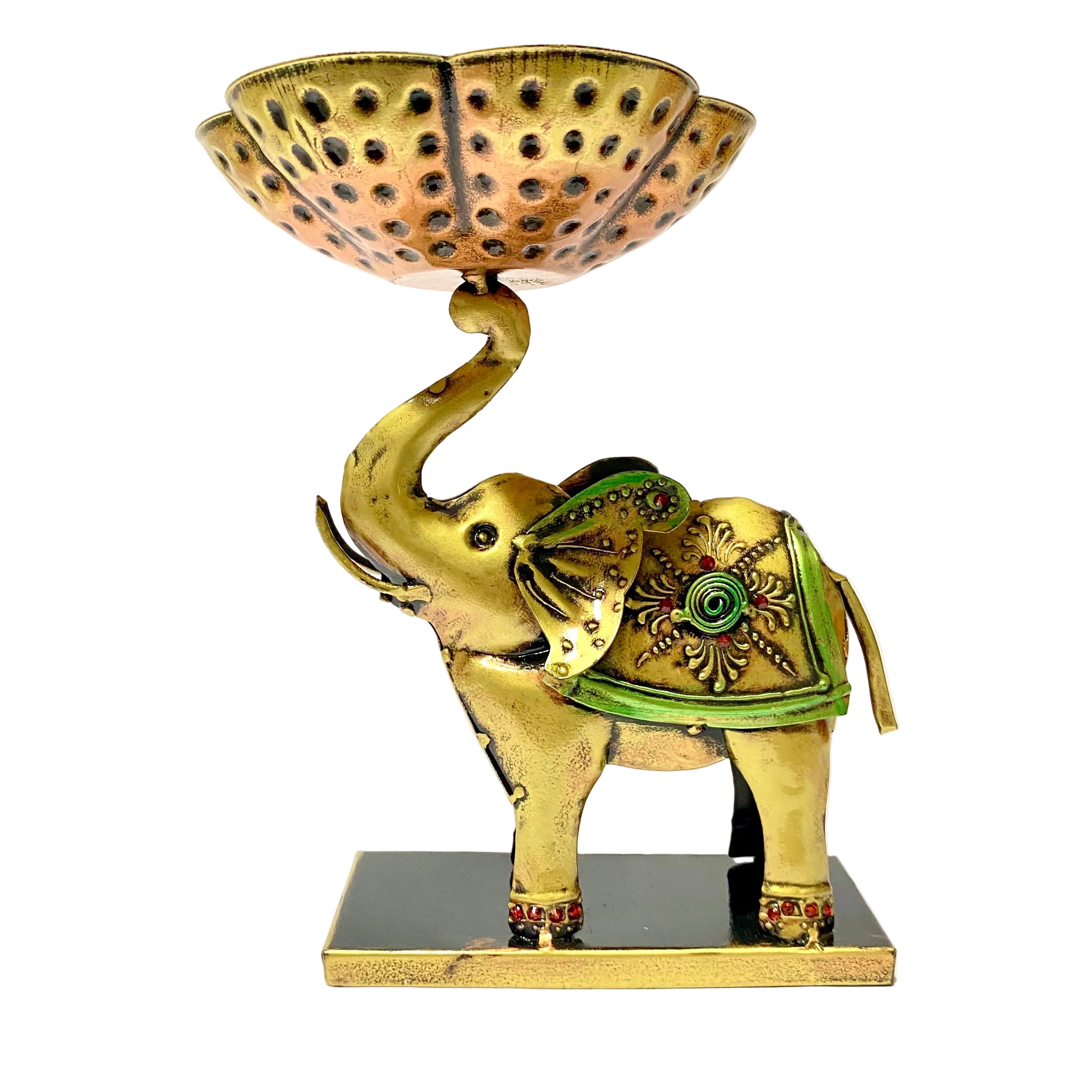 Decorative elephant figurine with a bowl on its trunk against a white background
