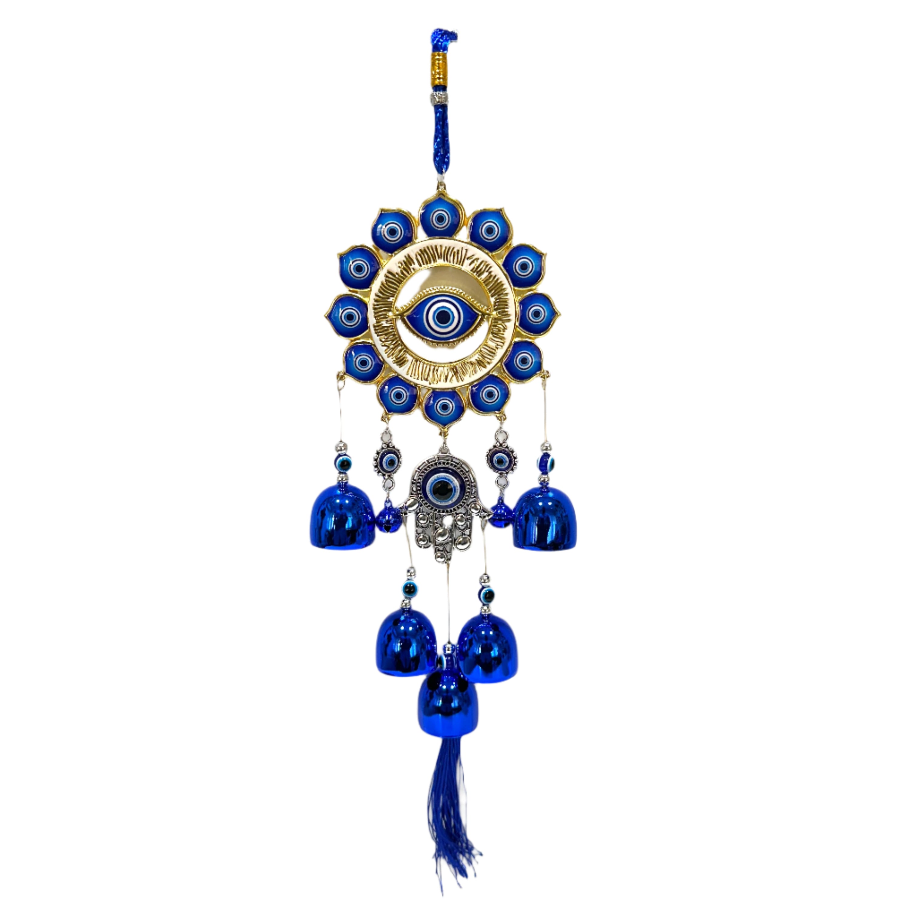 Decorative wall hanging with blue and gold elements on a white background