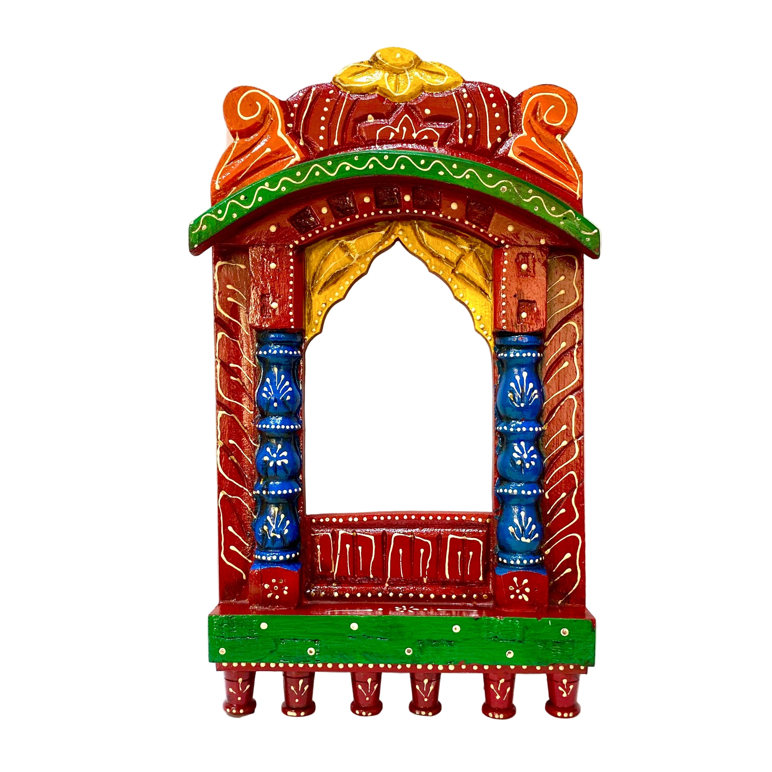 Decorative wall mirror with colorful arch design on a white background