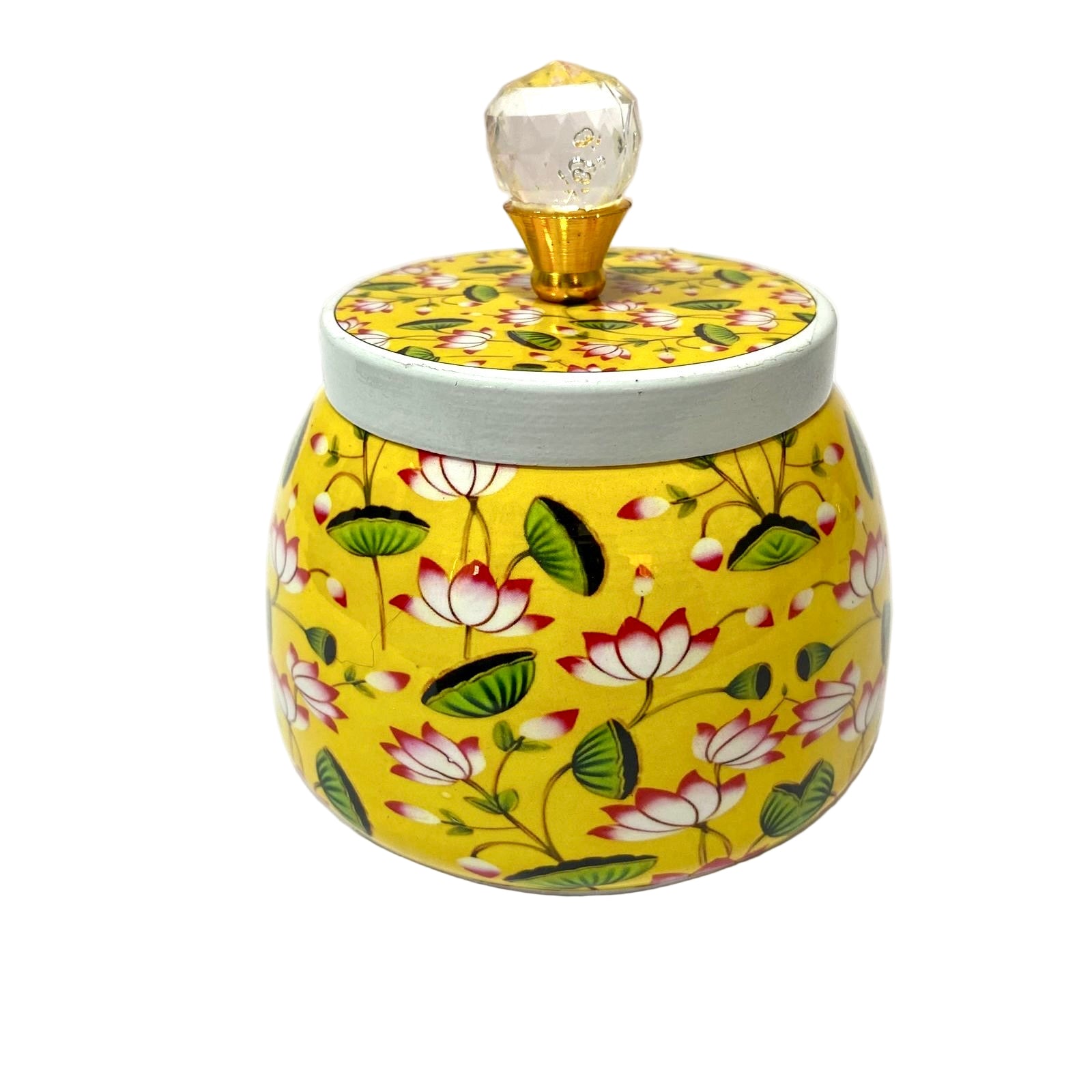 Decorative ceramic jar with floral patterns on a white background