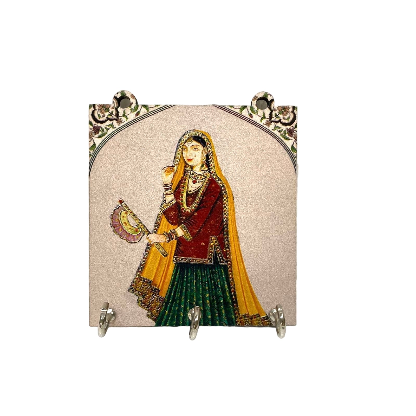 Decorative tile with a painted design of a woman in traditional attire on a textured white background.