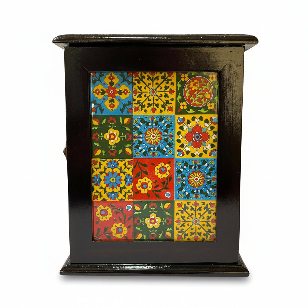 Decorative cabinet with colorful floral patterns on a white background