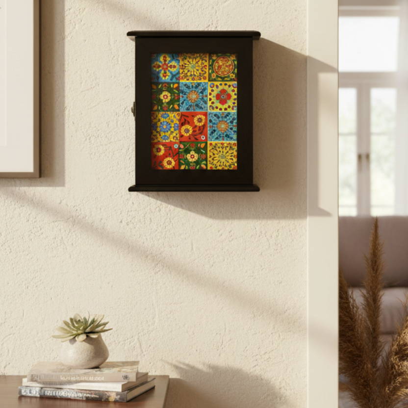 Blue Pottery Tiles Fitted On Wooden Box Door Style Key Hanger From Tamrapatra - Tamrapatra