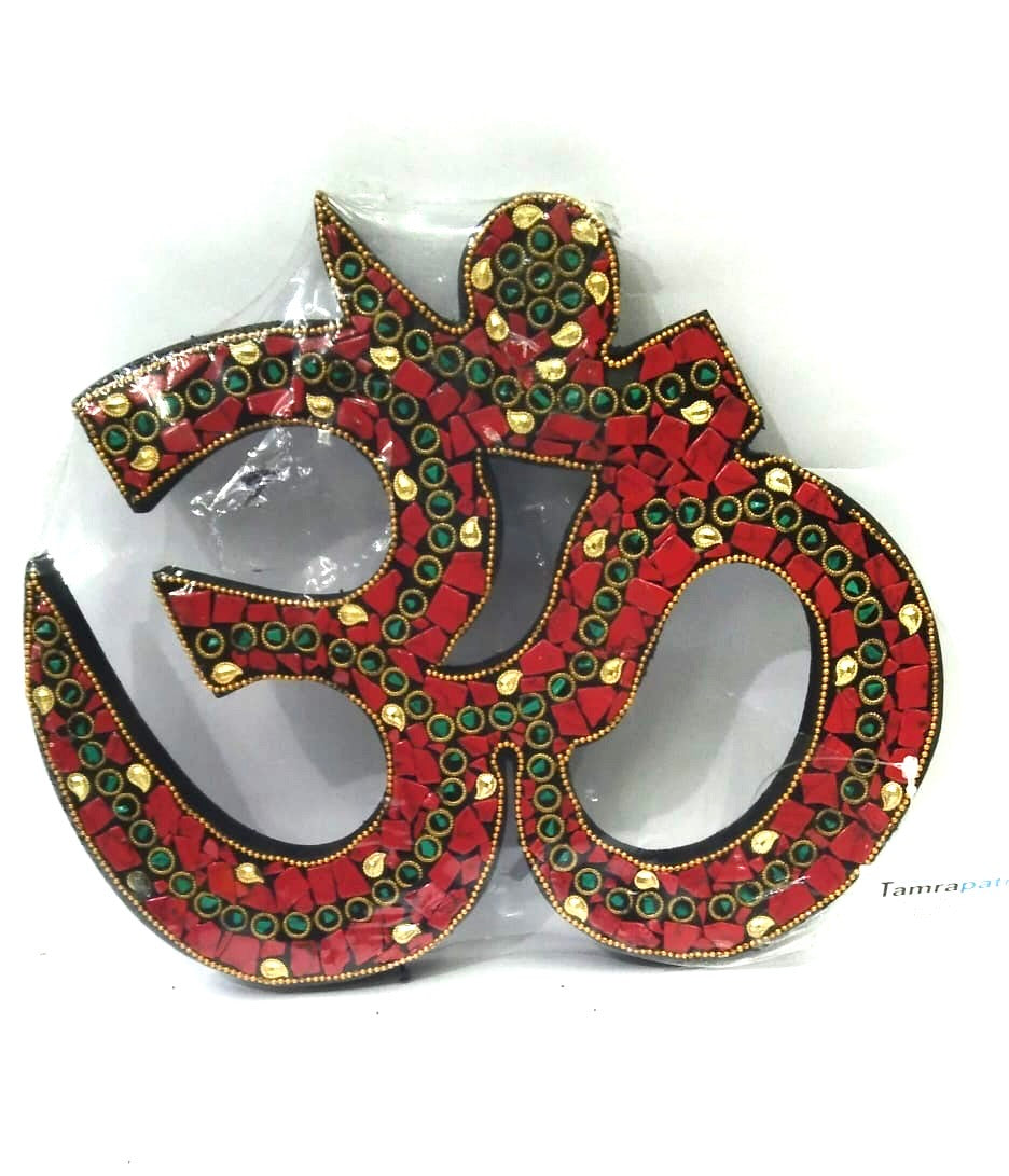 Wooden Om Carved With Gemstones Elegant Home Décor Display By Tamrapatra