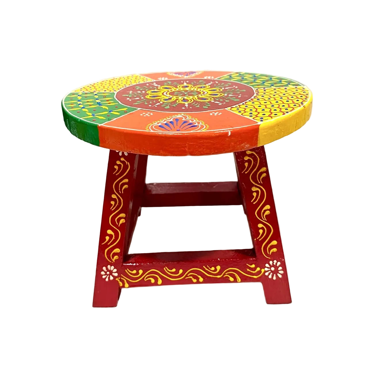 A small painted wooden stool with a round seat and three legs, decorated with bright multicolor patterns including red, orange, yellow, green, and white floral motifs.