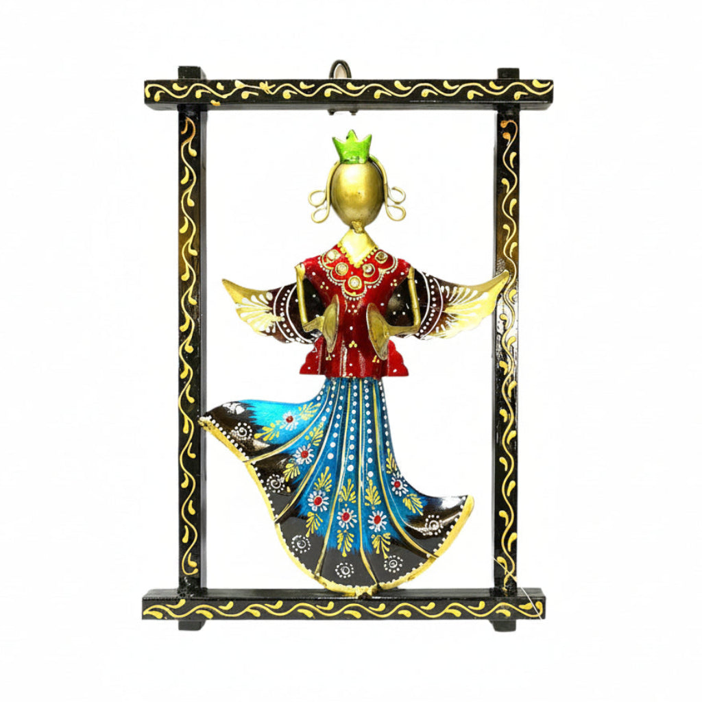 A decorative metal wall art featuring a colorful musical figure with a red crown on top, playing a musical instrument.