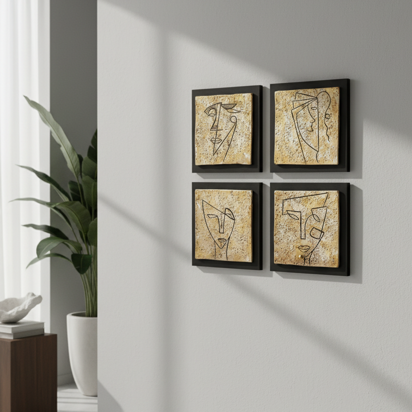 Four abstract face artworks in black frames on a white background