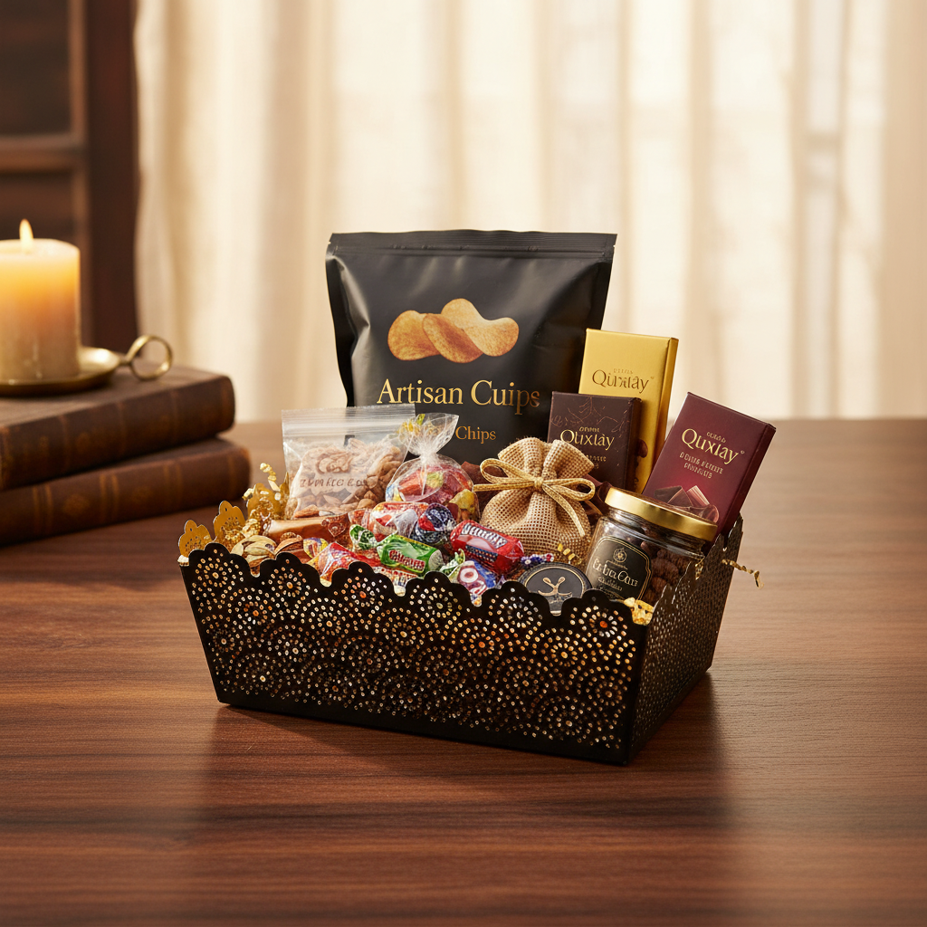 A gourmet gift basket filled with snacks and treats sits on a wooden table in a warmly lit room. The basket contains a black bag of artisan chips, a jar of O'Nalley chocolate, a box of O'Nalley caramel, and assorted candies, along with a burlap bow.